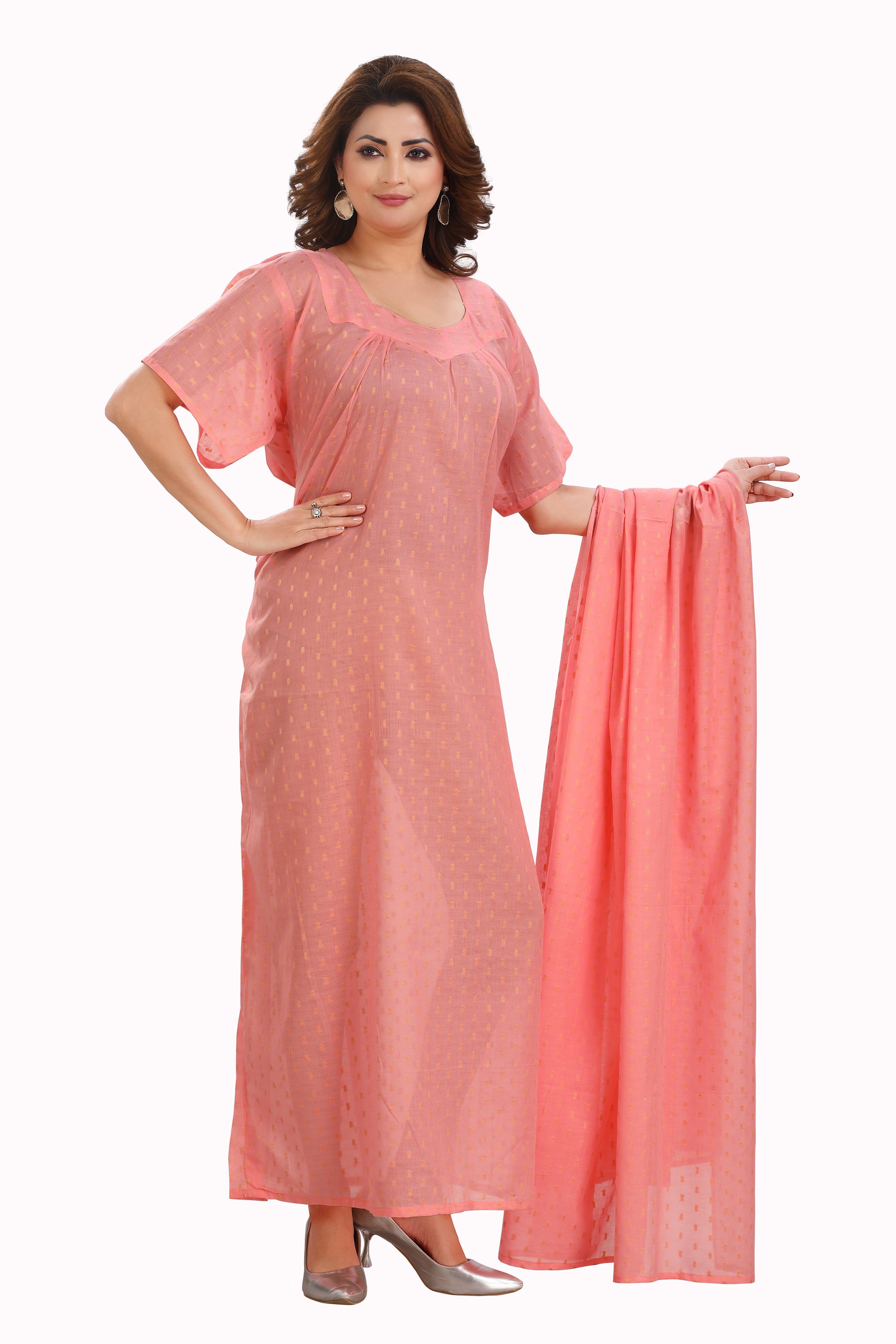Peach Cotton Half Sleeve Maxi Dress - Stylish & Comfortable 0T0A6709 - D.NO.101