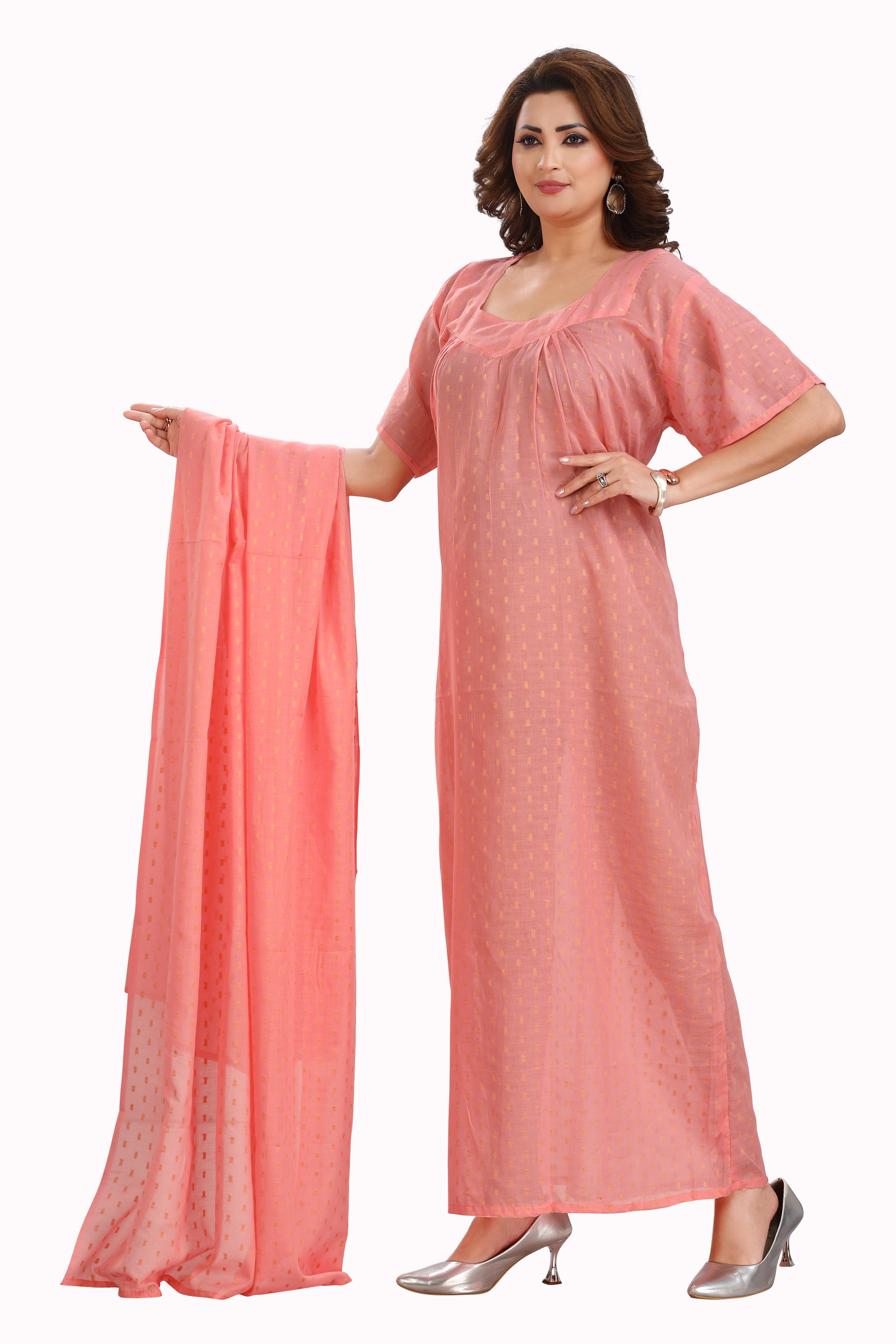 Peach Cotton Half Sleeve Maxi Dress - Stylish & Comfortable 0T0A6709 - D.NO.101
