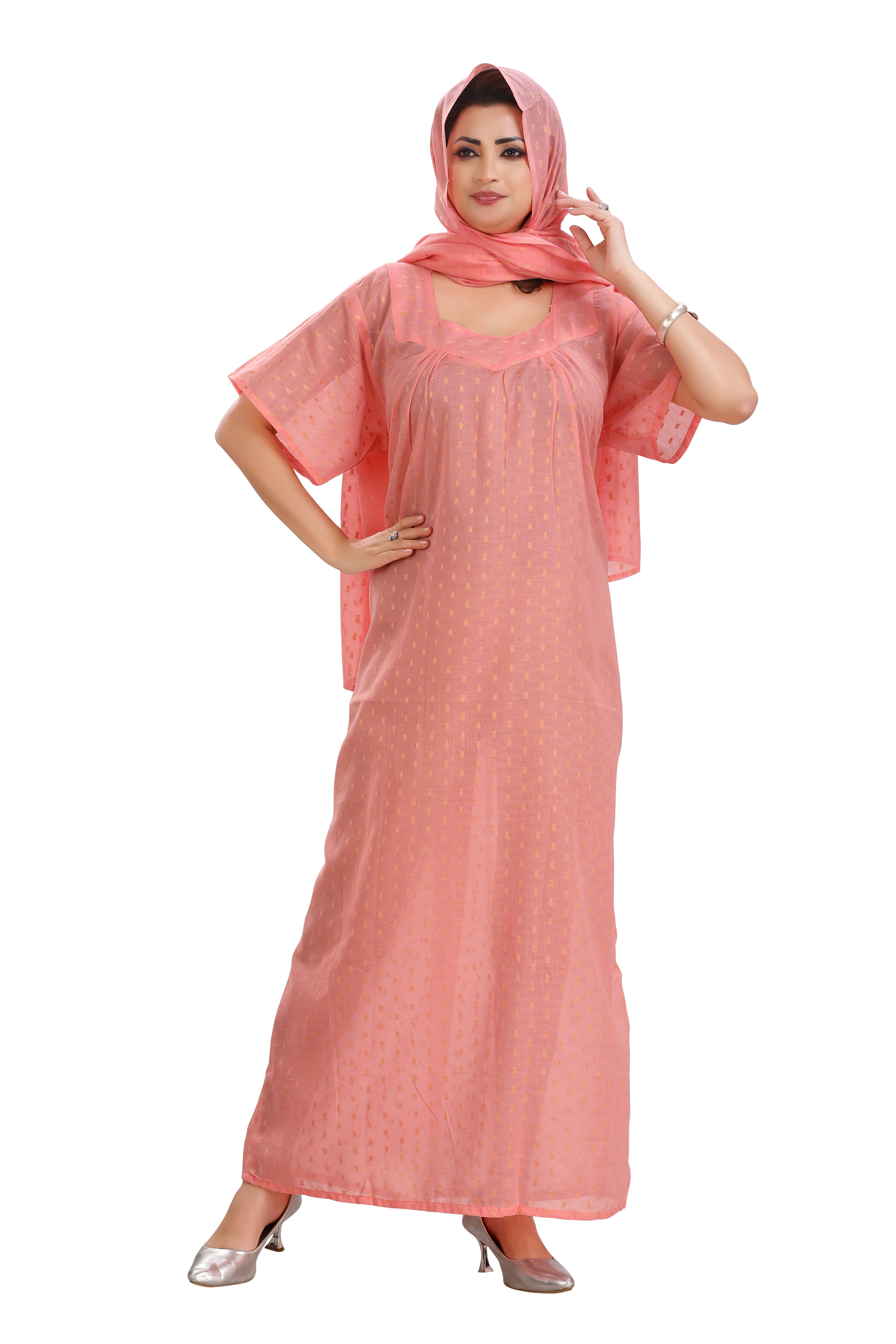 Peach Cotton Half Sleeve Maxi Dress - Stylish & Comfortable 0T0A6709 - D.NO.101