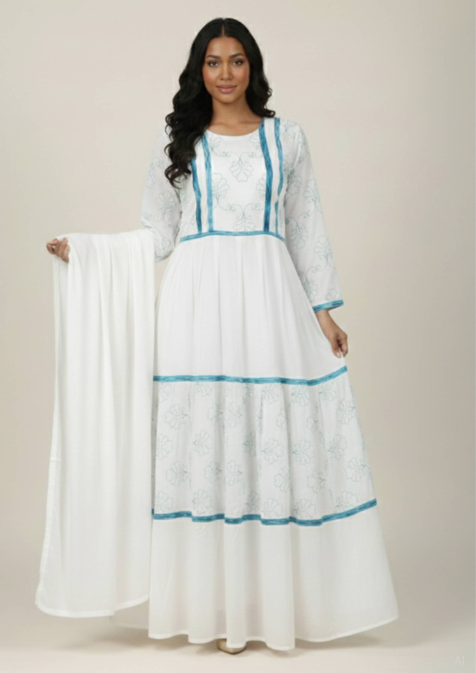 White Polyester Cotton Kaftan With Blue Floral Embroyidery PS-CHIF-EMBD-DP-RMG