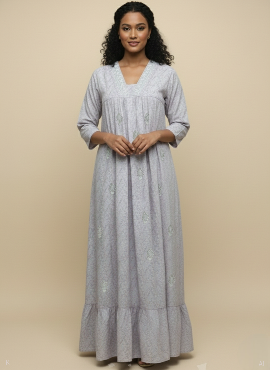 Soft Grey Floral Embroidered Cotton Kaftan BK-342-DP-CMB