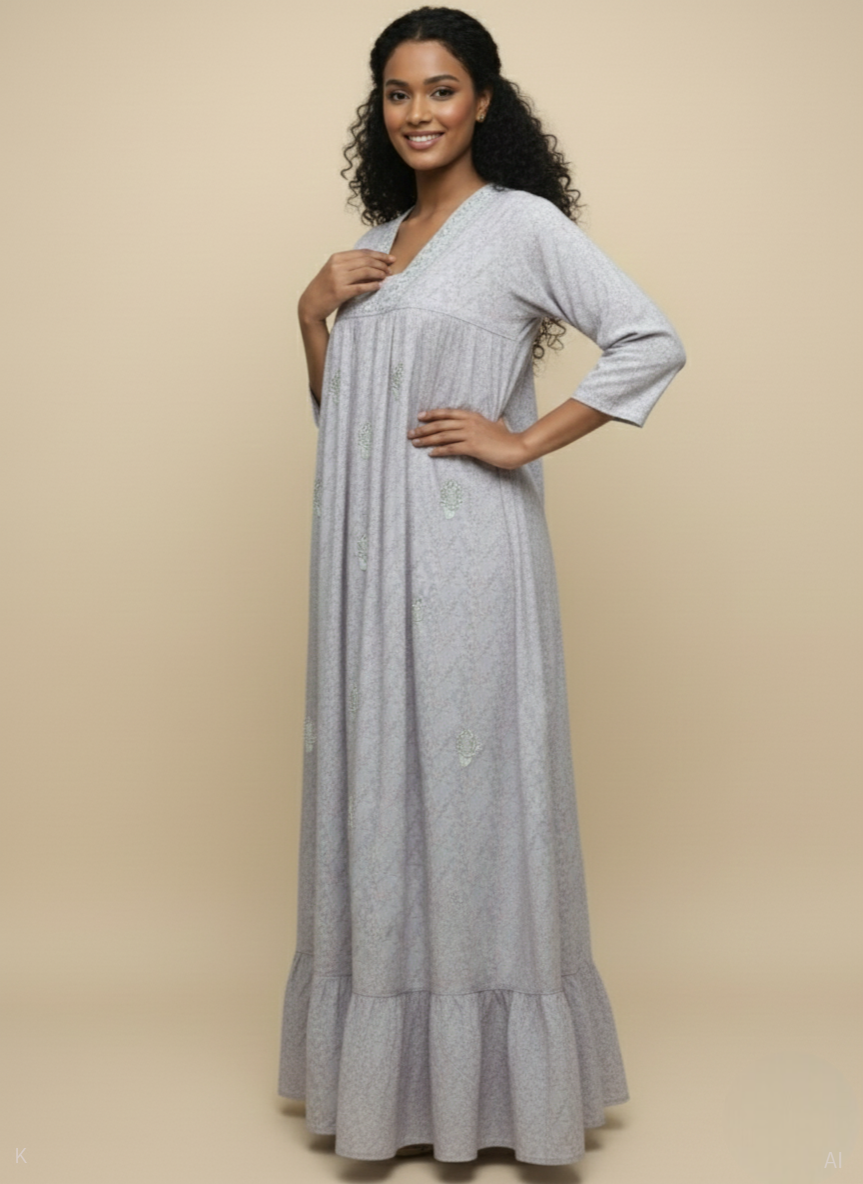 Soft Grey Floral Embroidered Cotton Kaftan BK-342-DP-CMB
