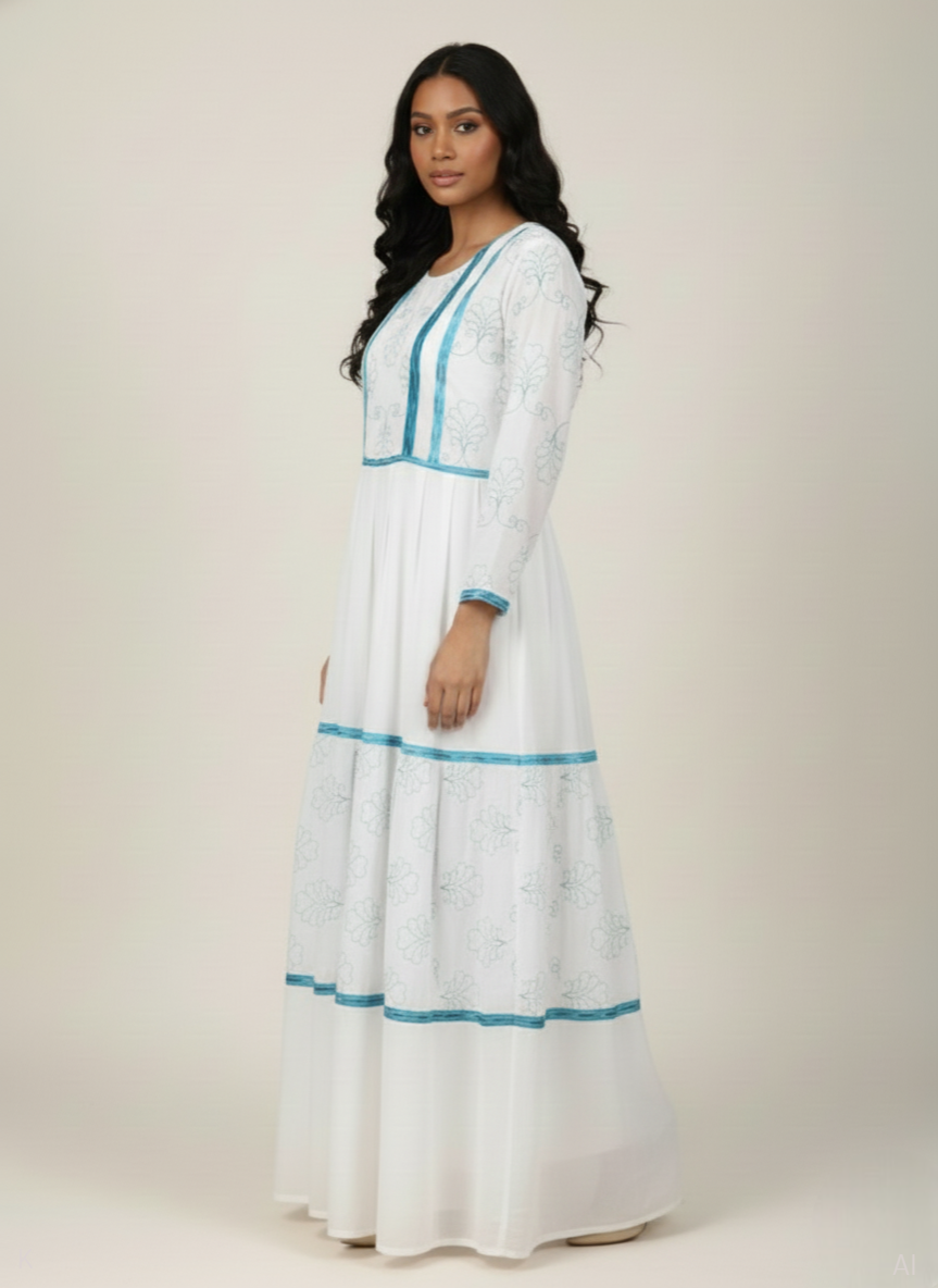 White Polyester Cotton Kaftan With Blue Floral Embroyidery PS-CHIF-EMBD-DP-RMG