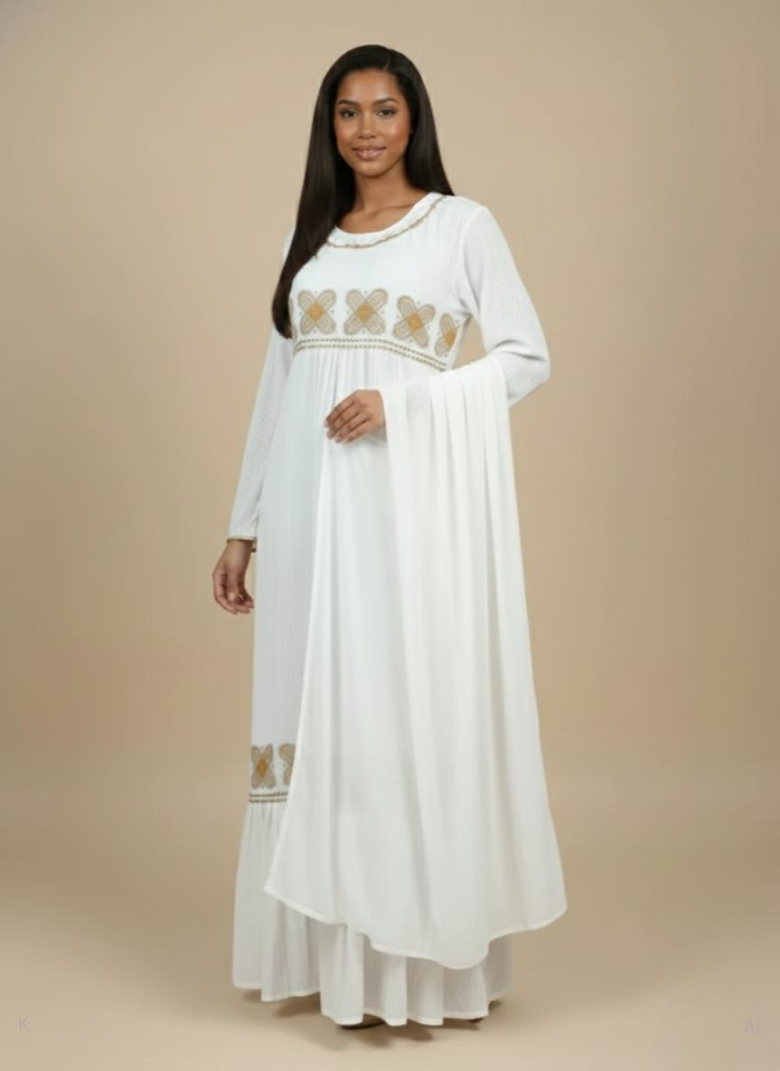 White Full Sleeve Embroidered Kaftan PS-DP-EMMA
