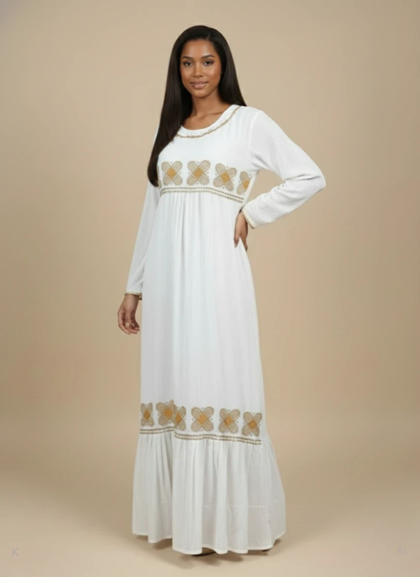 White Full Sleeve Embroidered Kaftan PS-DP-EMMA