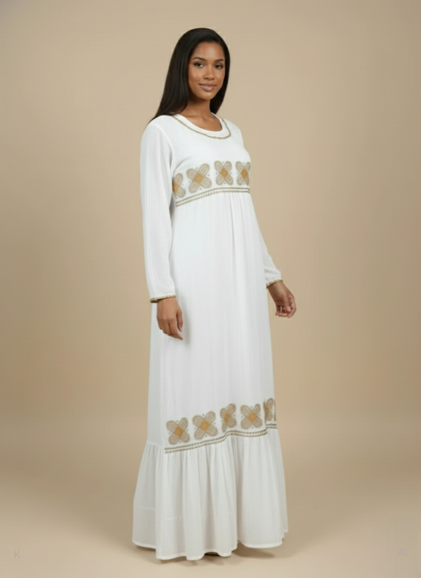 White Full Sleeve Embroidered Kaftan PS-DP-EMMA