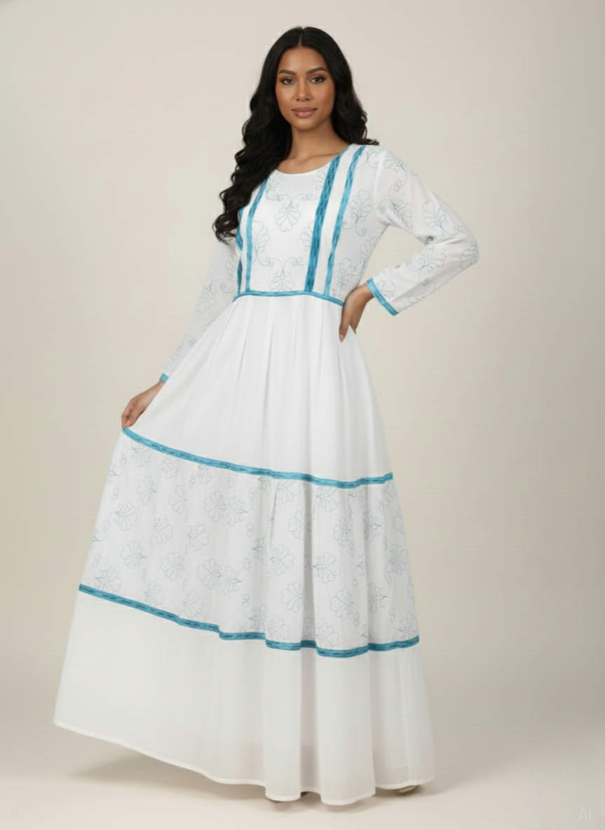 White Polyester Cotton Kaftan With Blue Floral Embroyidery PS-CHIF-EMBD-DP-RMG