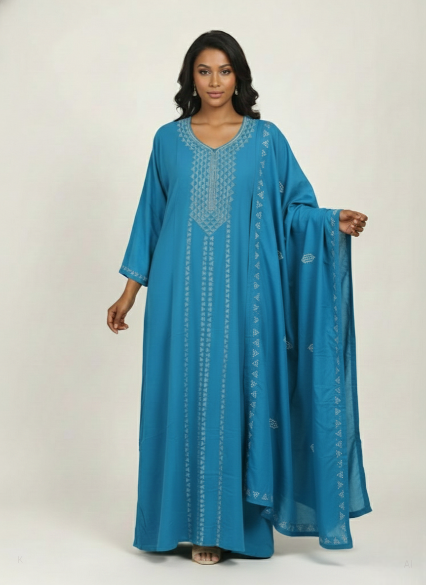 Blue Rayon Kaftan With Stone Detail REYON DP STON