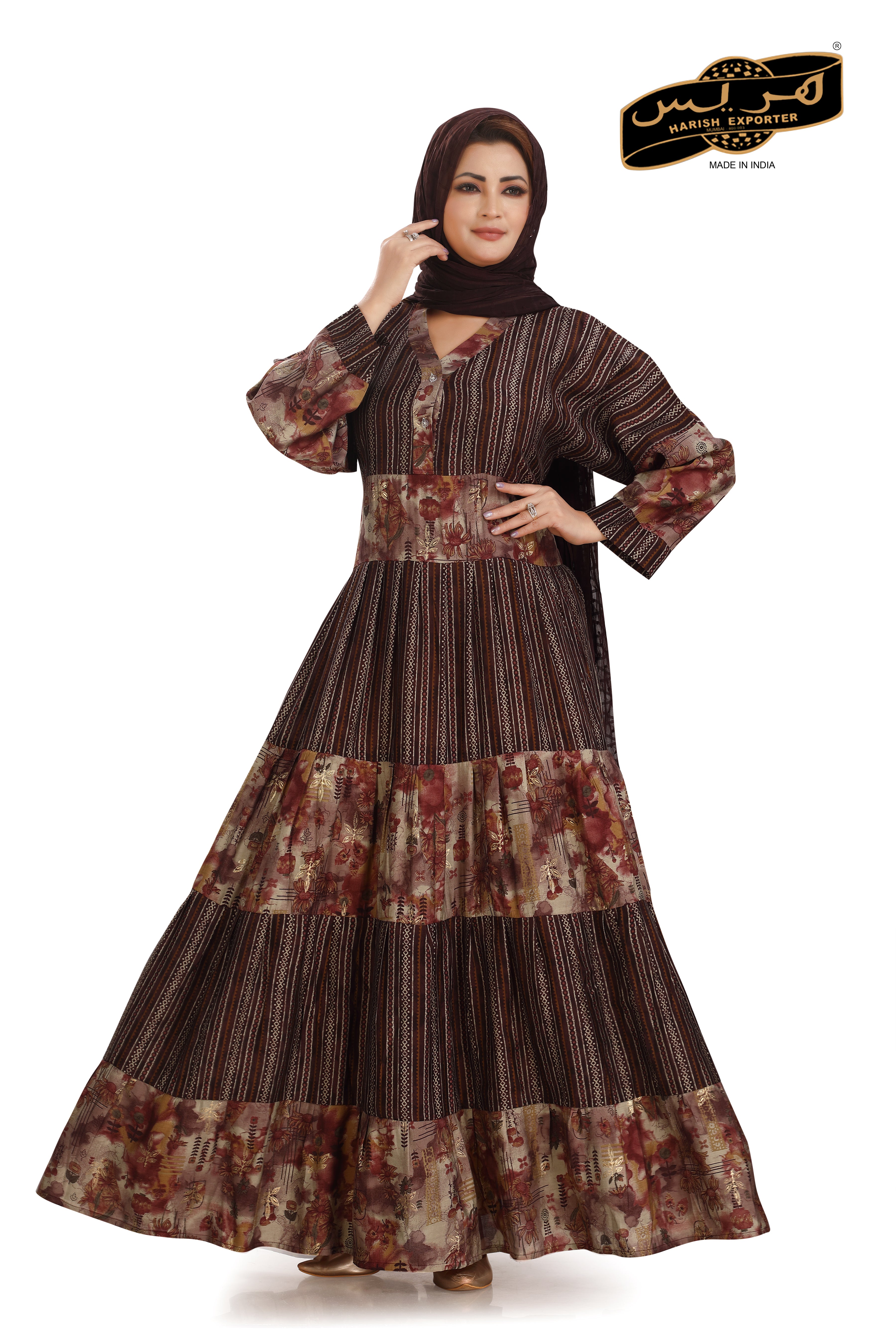 Polyester Cotton Dark Brown Kaftan Dress - Chic & Comfortable AM-230