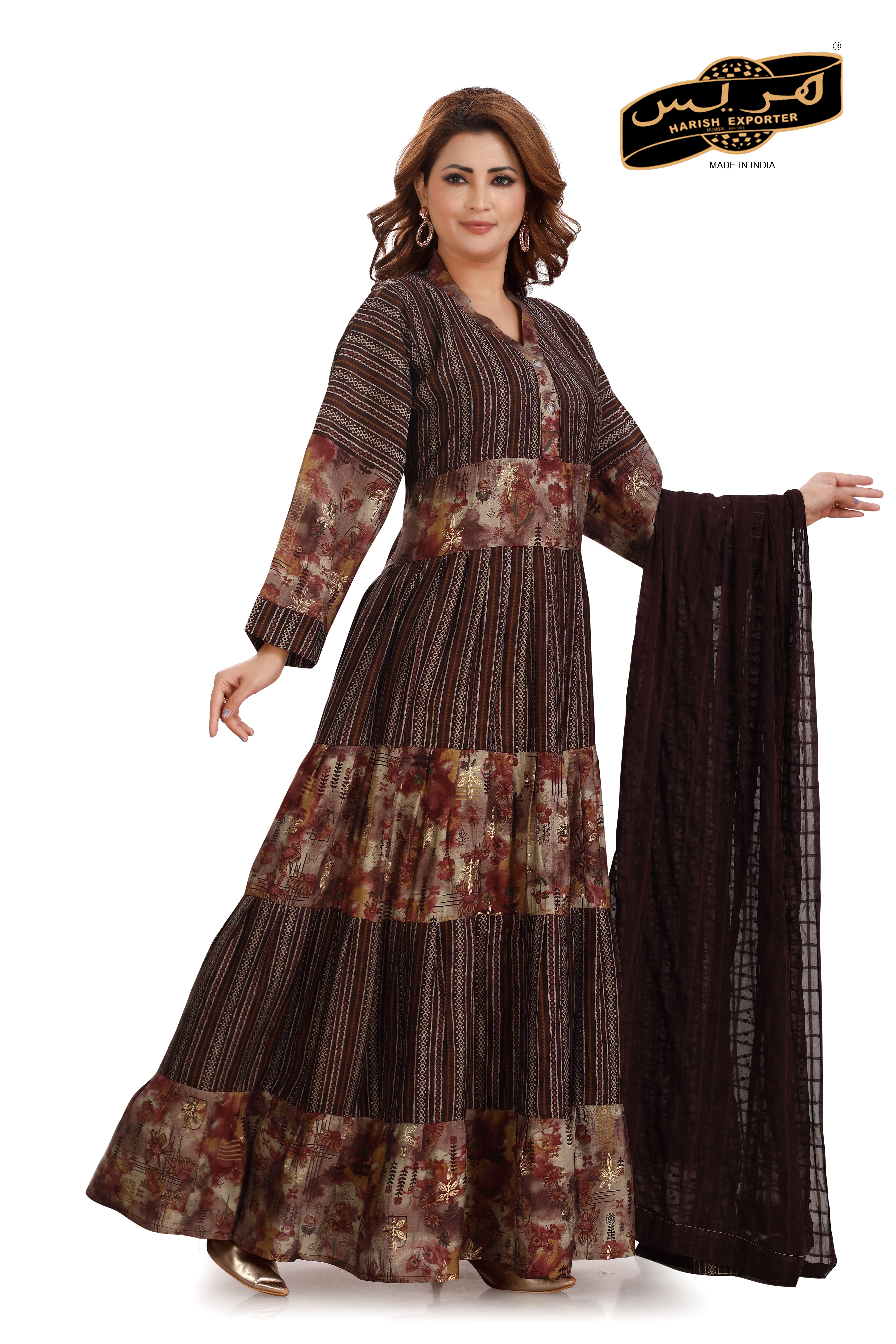 Polyester Cotton Dark Brown Kaftan Dress - Chic & Comfortable AM-230