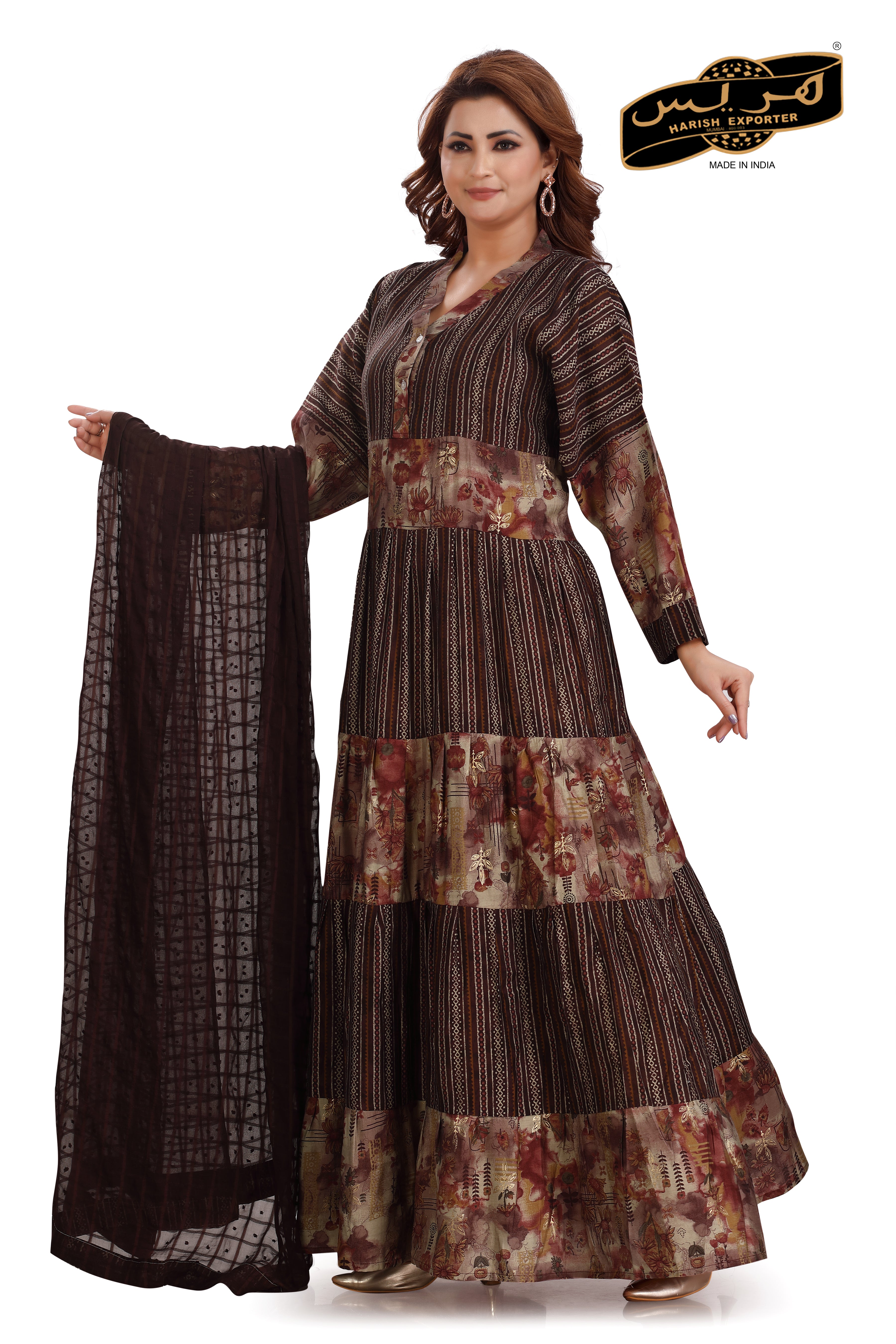 Polyester Cotton Dark Brown Kaftan Dress - Chic & Comfortable AM-230
