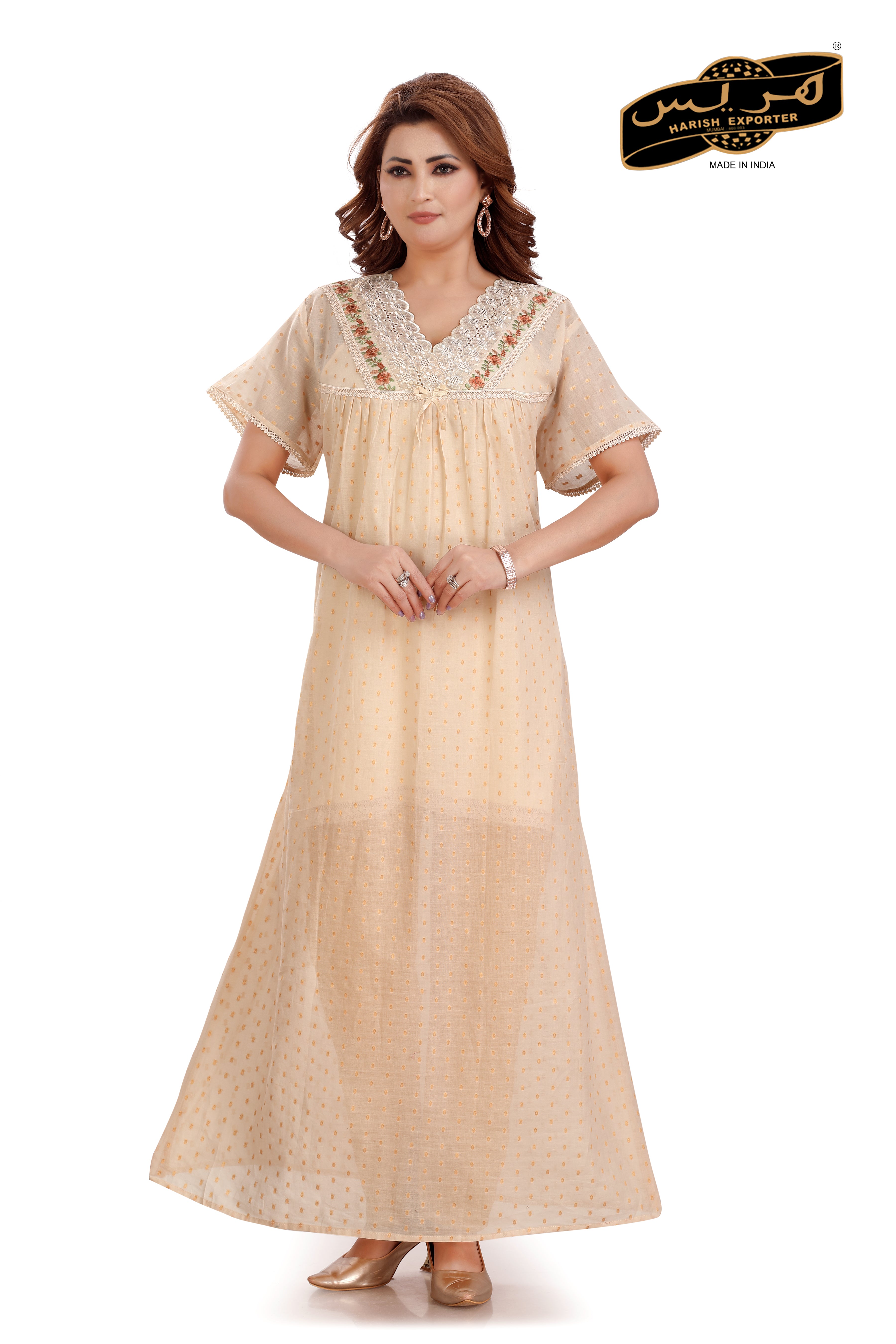 Peach Cotton Embroidered Nightgown - Comfortable & Elegant | B-3535