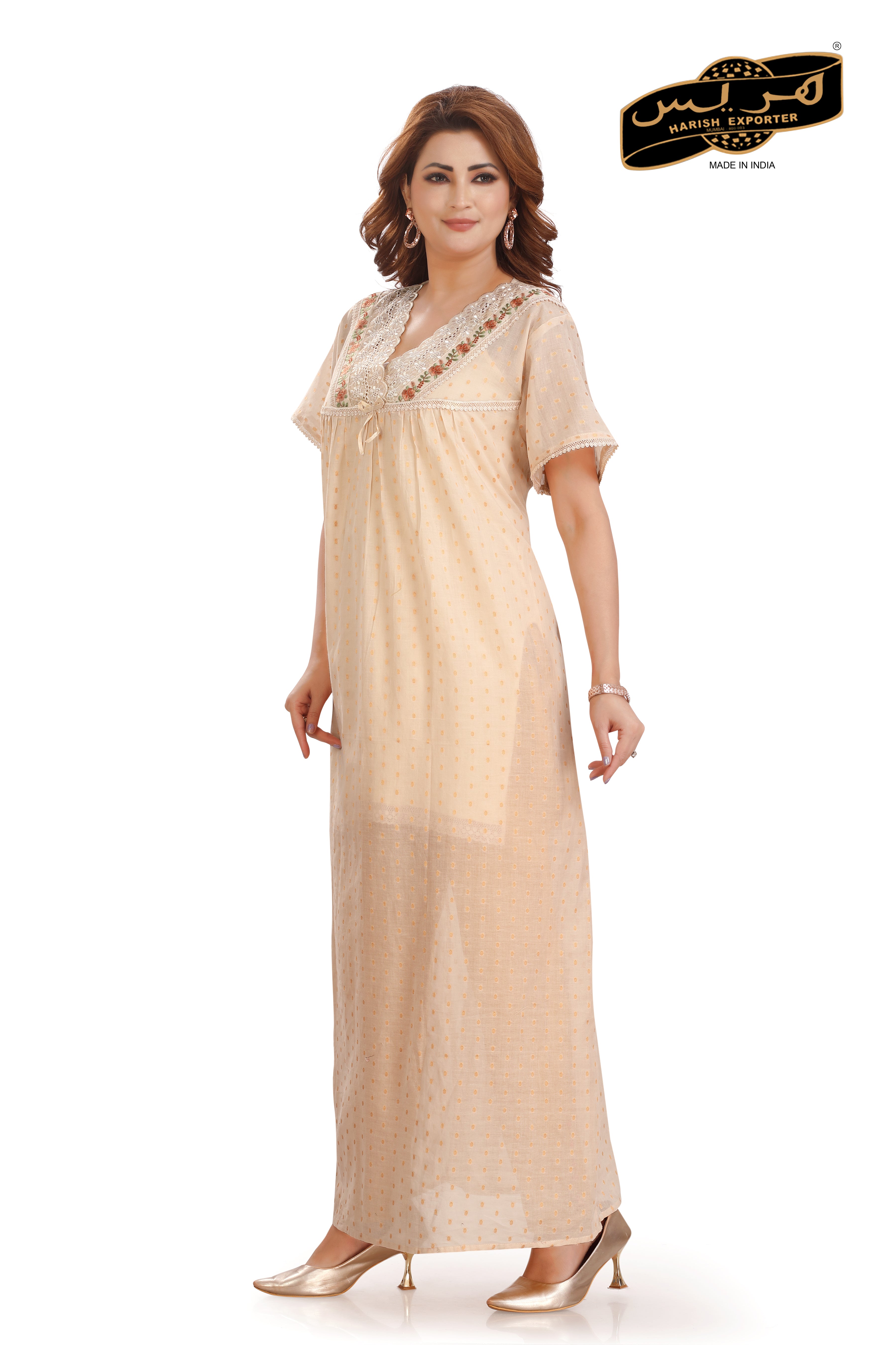 Peach Cotton Embroidered Nightgown - Comfortable & Elegant | B-3535
