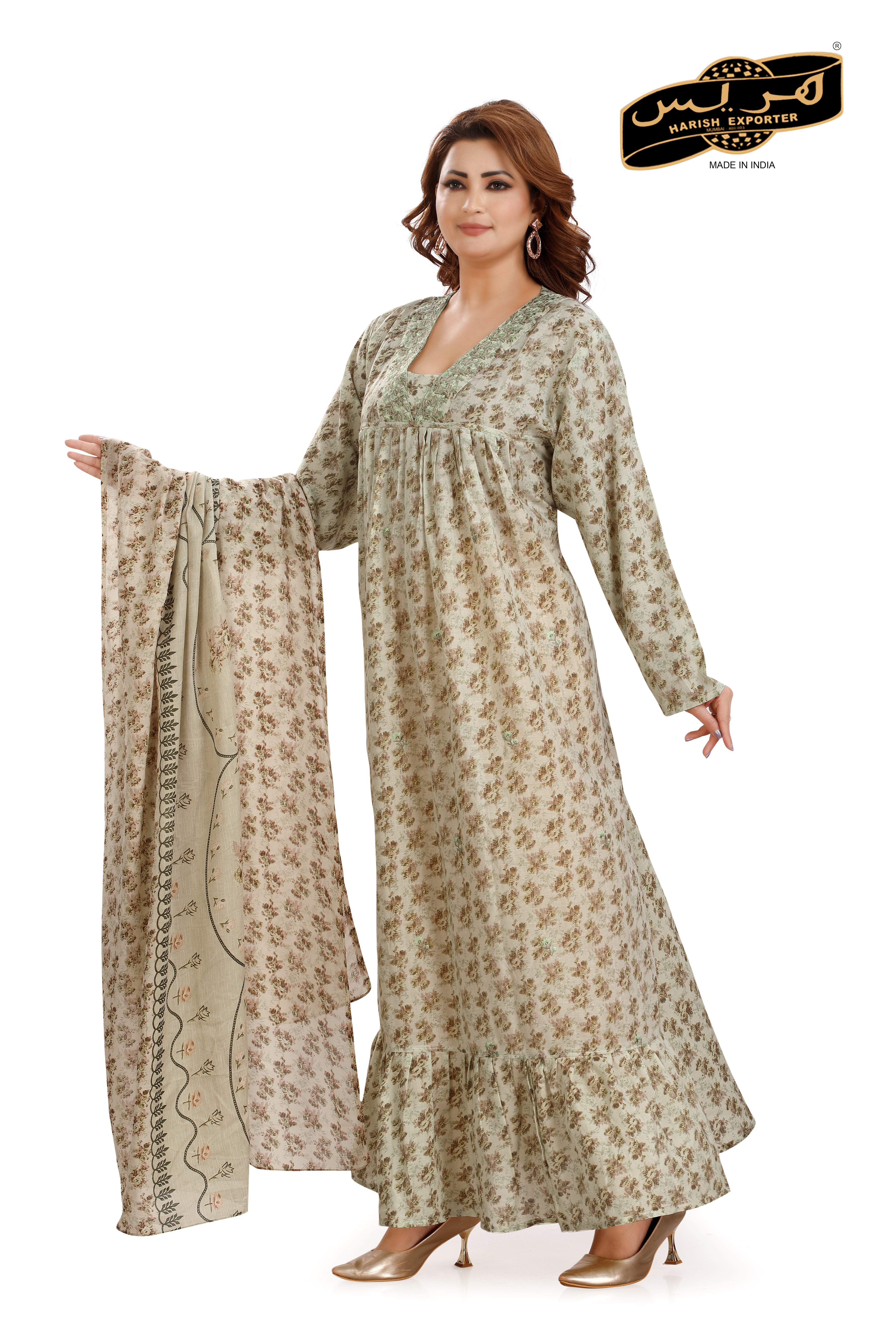 Green Cotton Umbrella Pattern Maxi Dress - Stylish & Comfortable BK-MIXDP-CMB