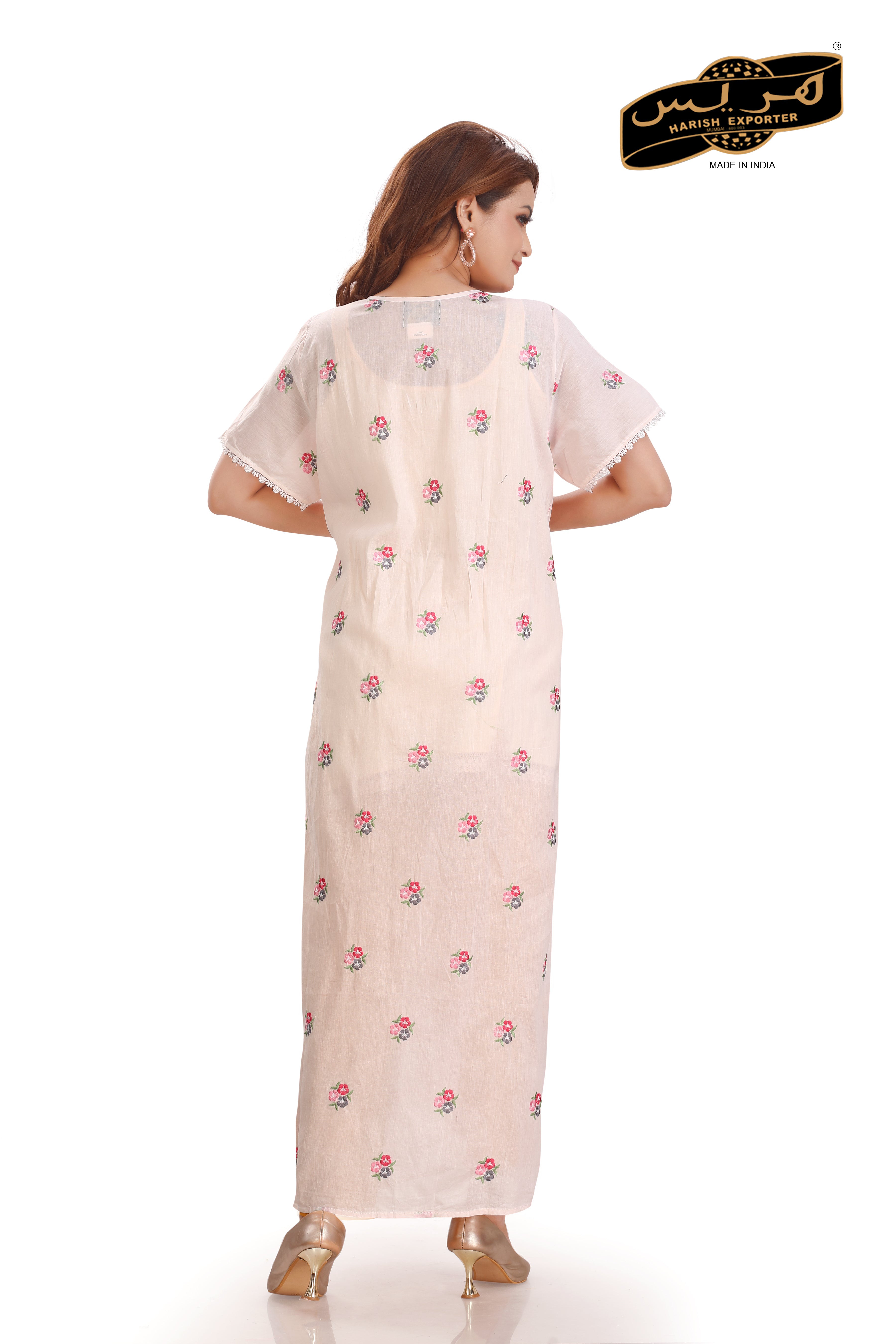 Embroidered Peach Cotton Nightgown - Soft & Elegant DA-63