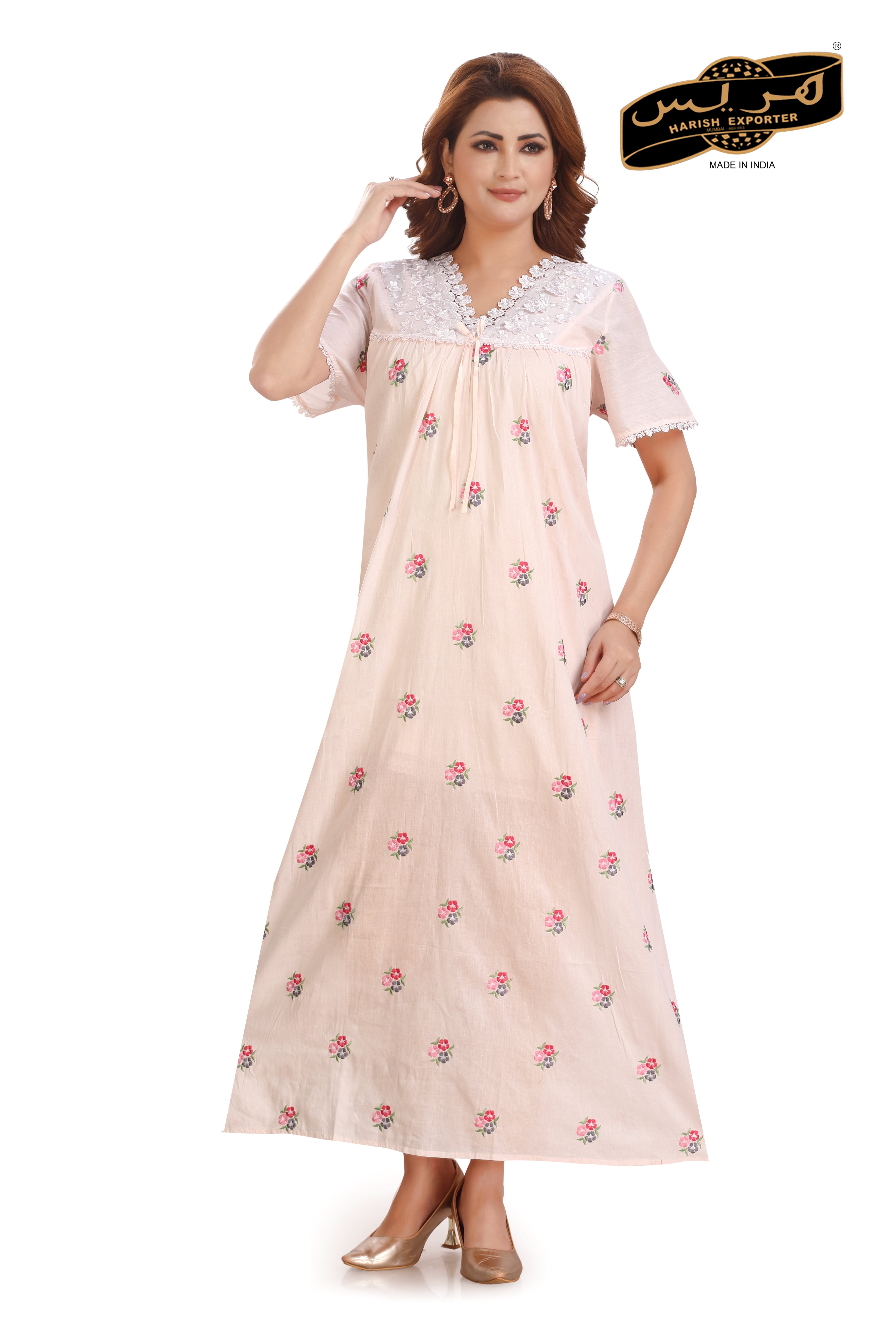 Embroidered Peach Cotton Nightgown - Soft & Elegant DA-63