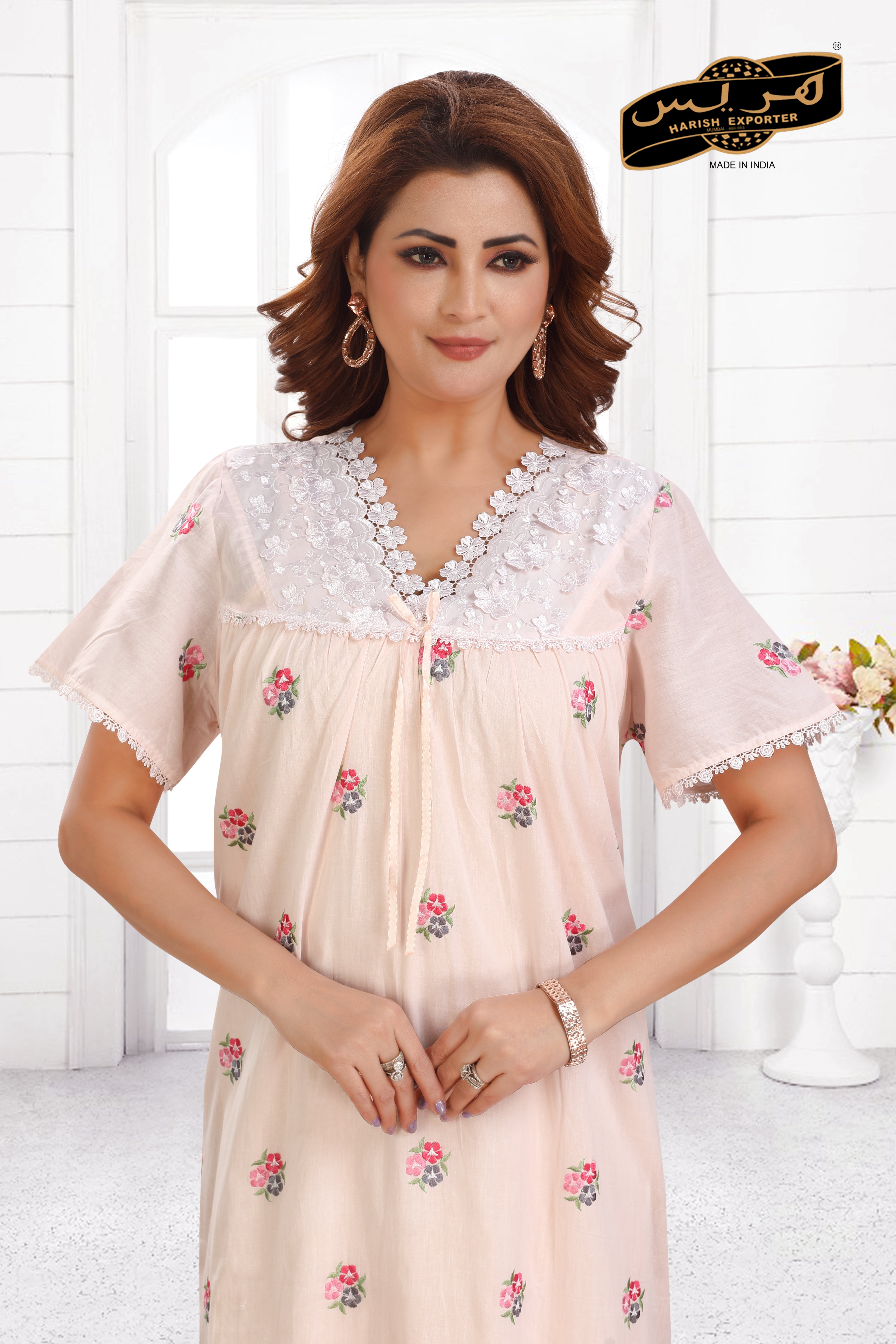 Embroidered Peach Cotton Nightgown - Soft & Elegant DA-63