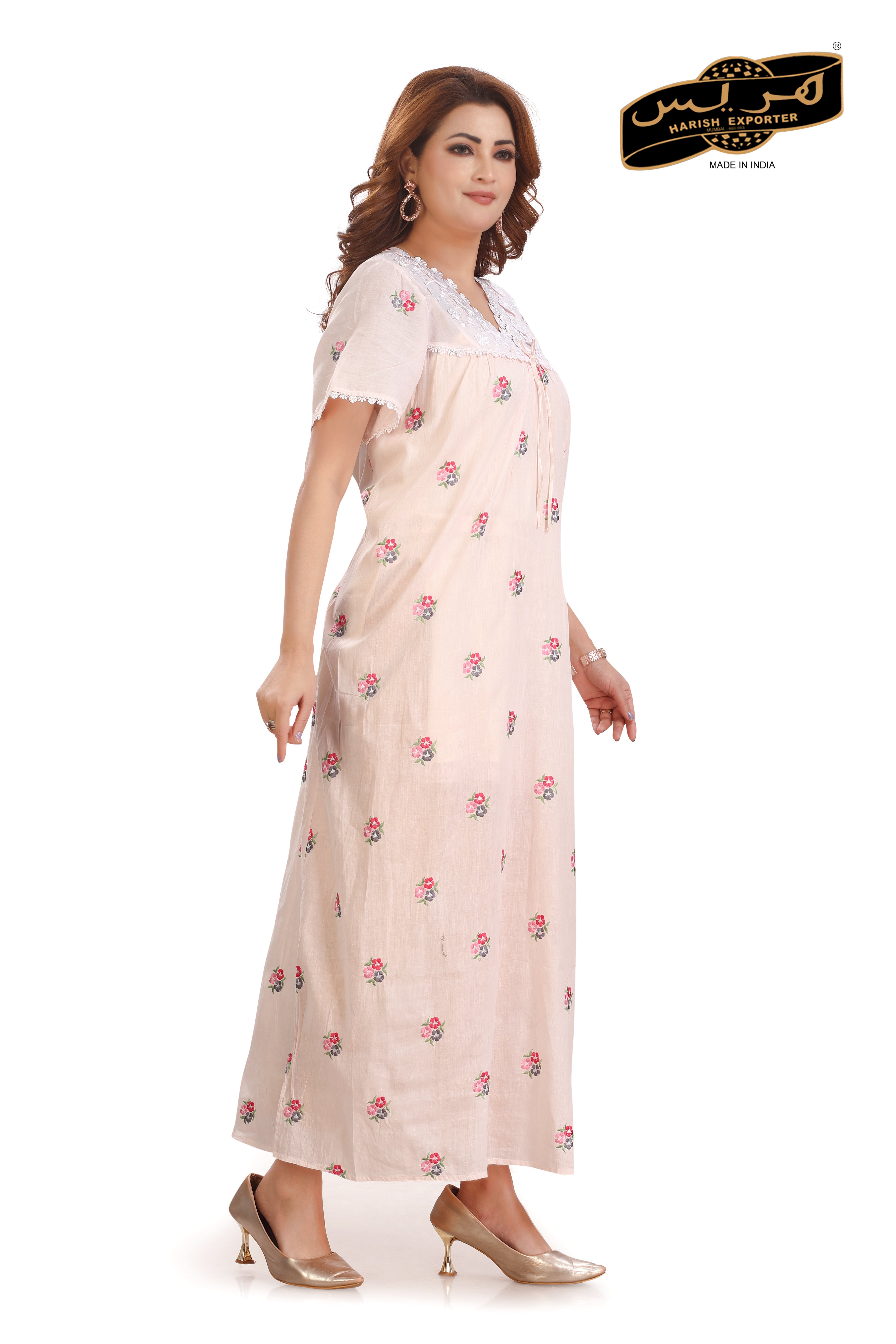 Embroidered Peach Cotton Nightgown - Soft & Elegant DA-63