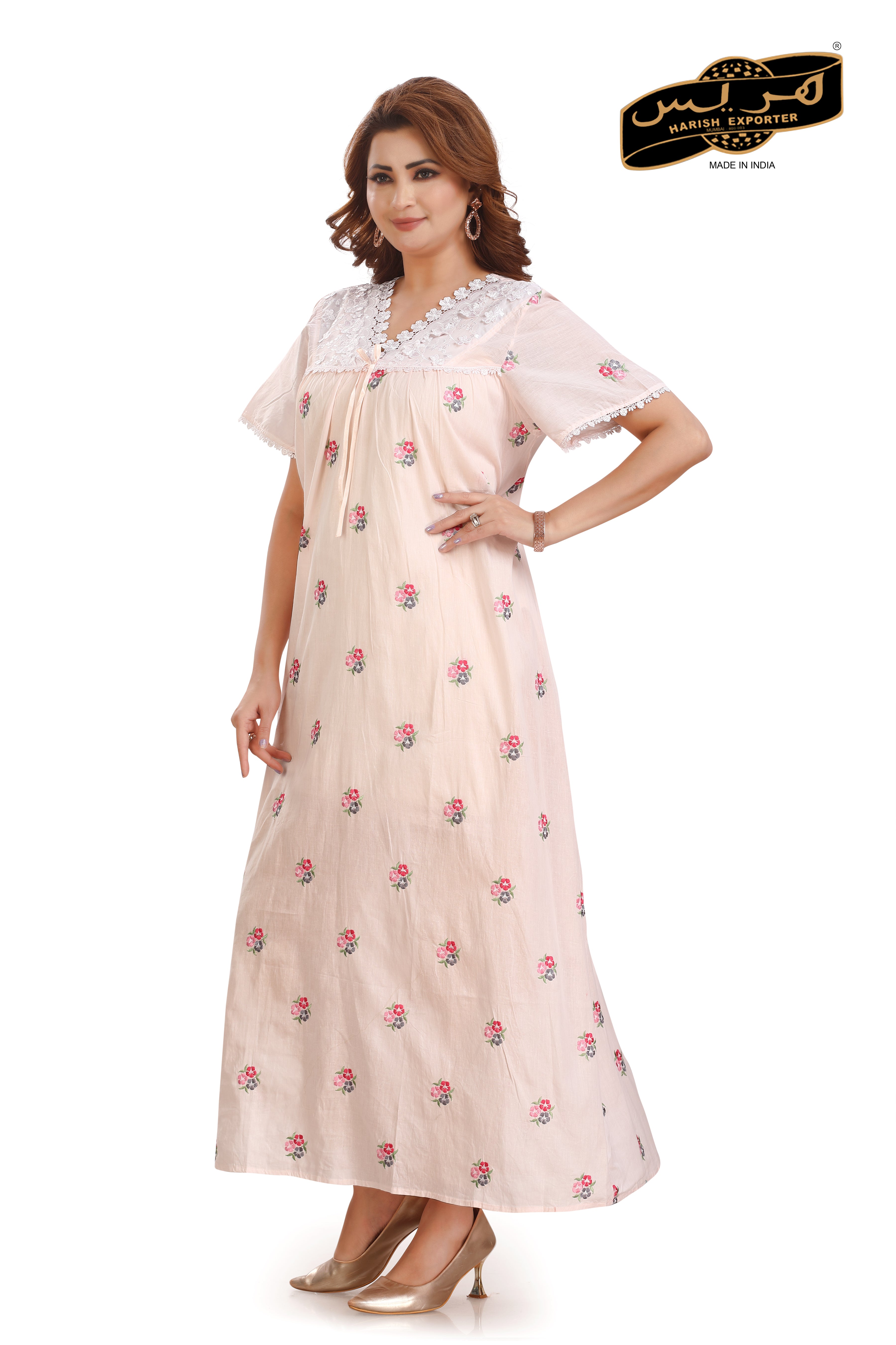 Embroidered Peach Cotton Nightgown - Soft & Elegant DA-63