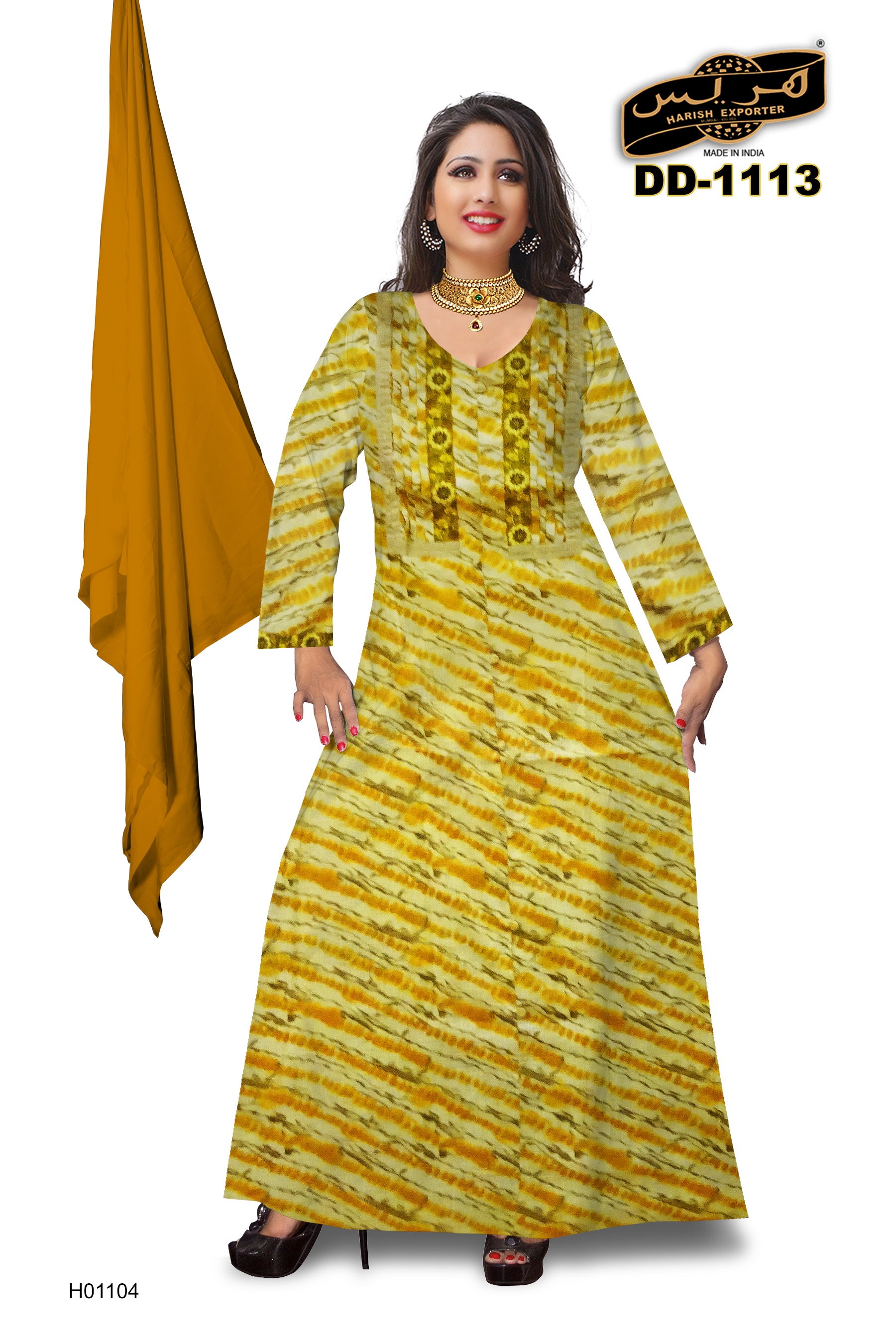 Viscos Mixed Pattern Yellow Kaftan - Vibrant & Chic DD-1113
