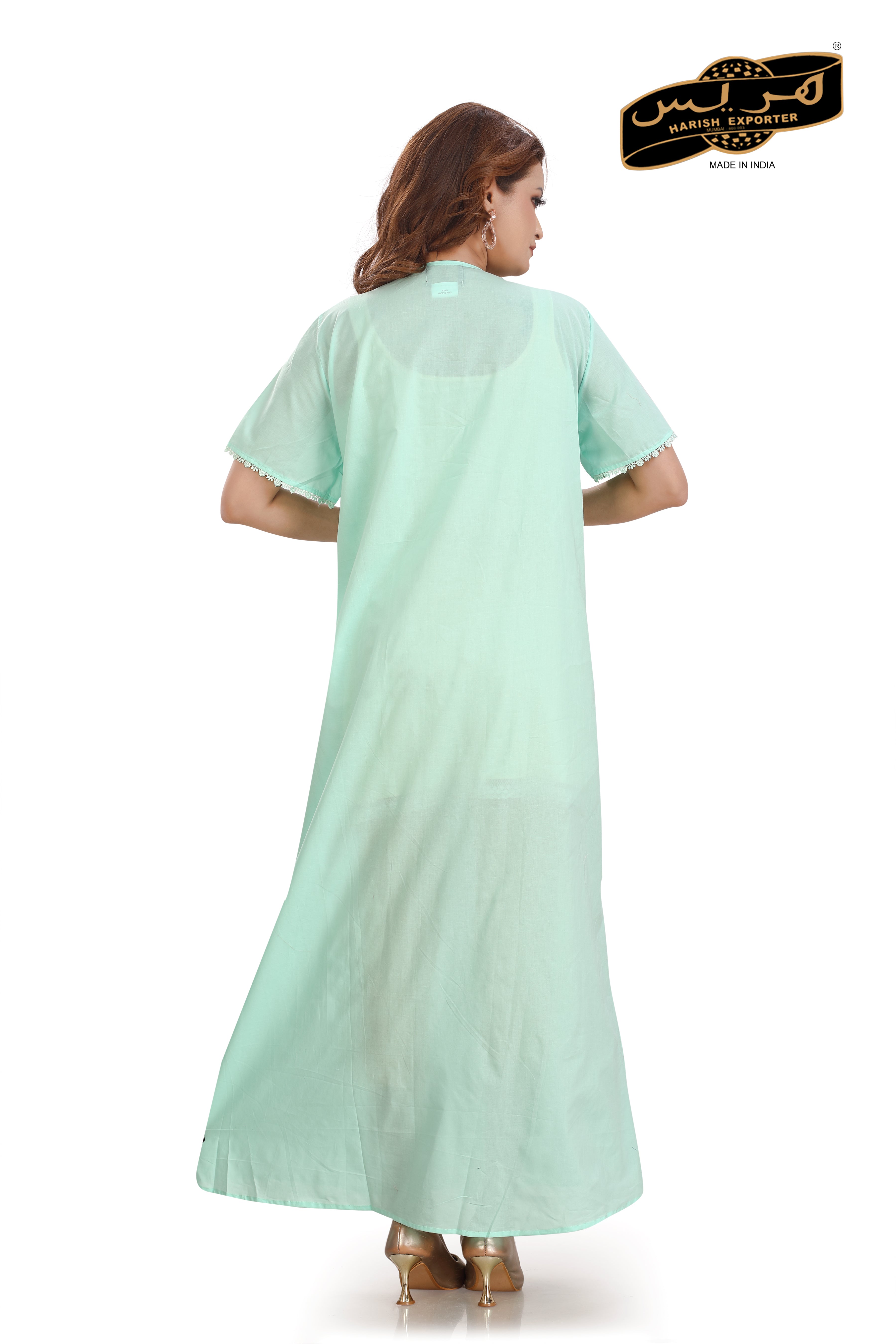 Embroidered Sea Green Cotton Nightgown - Soft & Elegant DD-63