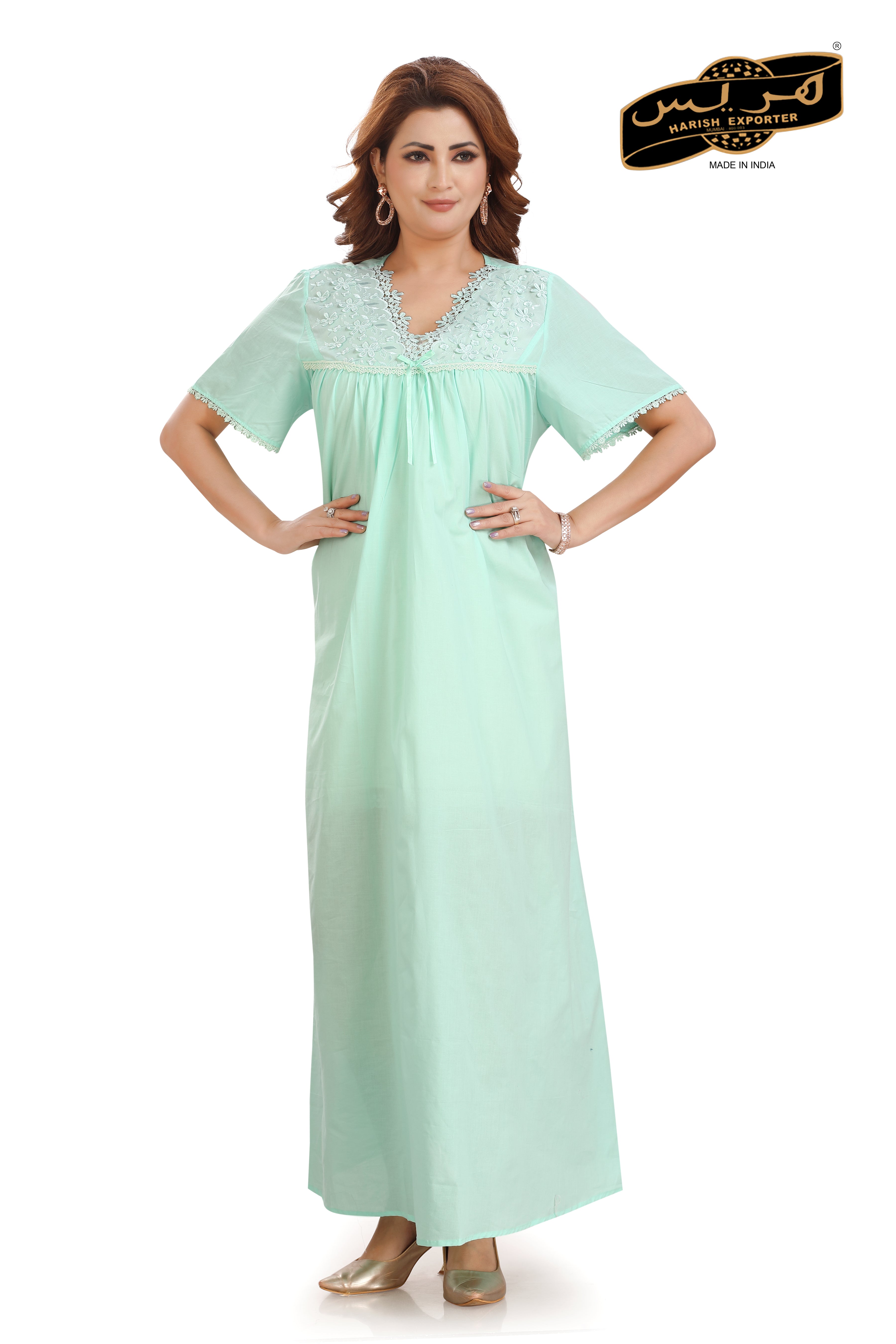 Embroidered Sea Green Cotton Nightgown - Soft & Elegant DD-63