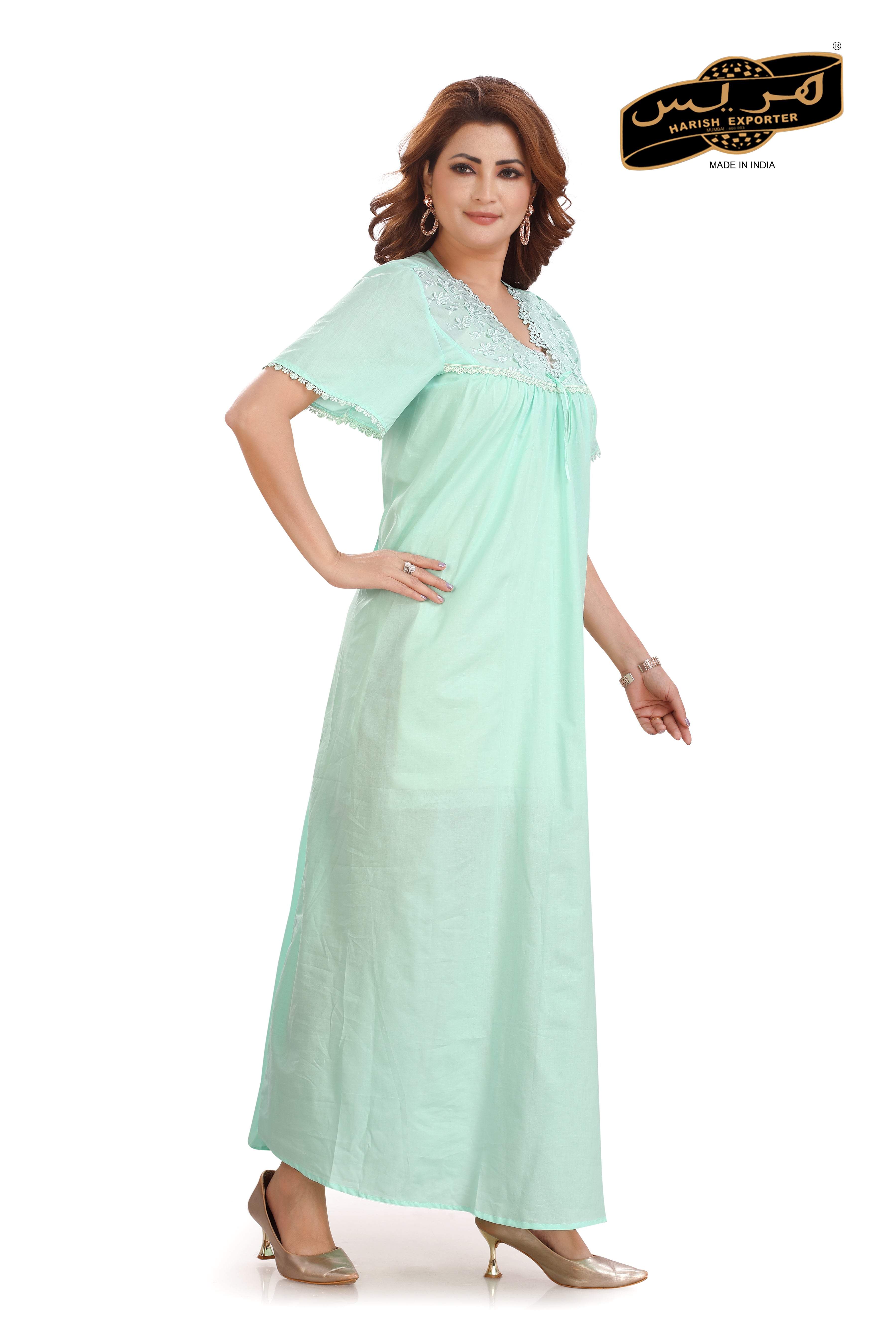 Embroidered Sea Green Cotton Nightgown - Soft & Elegant DD-63