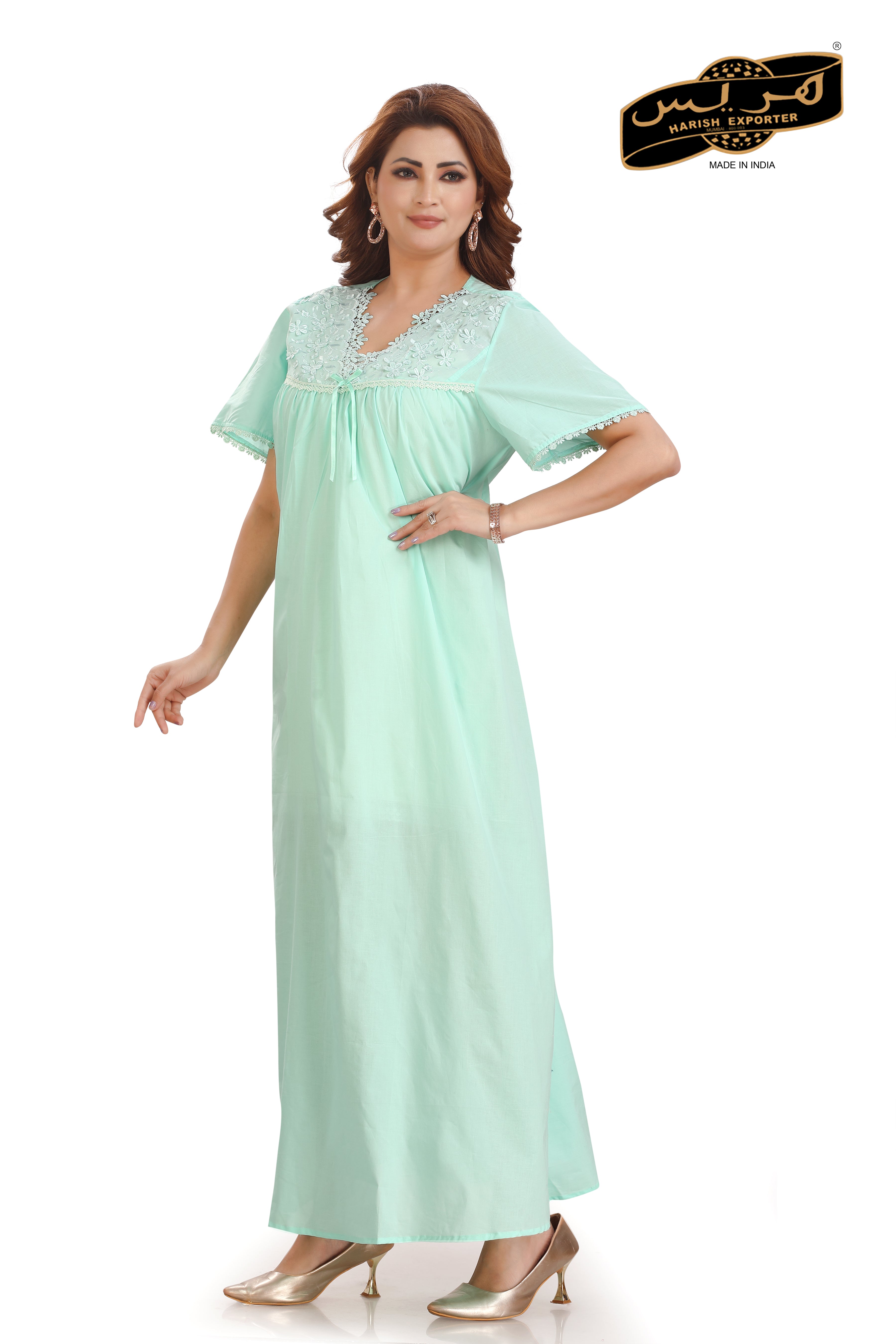 Embroidered Sea Green Cotton Nightgown - Soft & Elegant DD-63