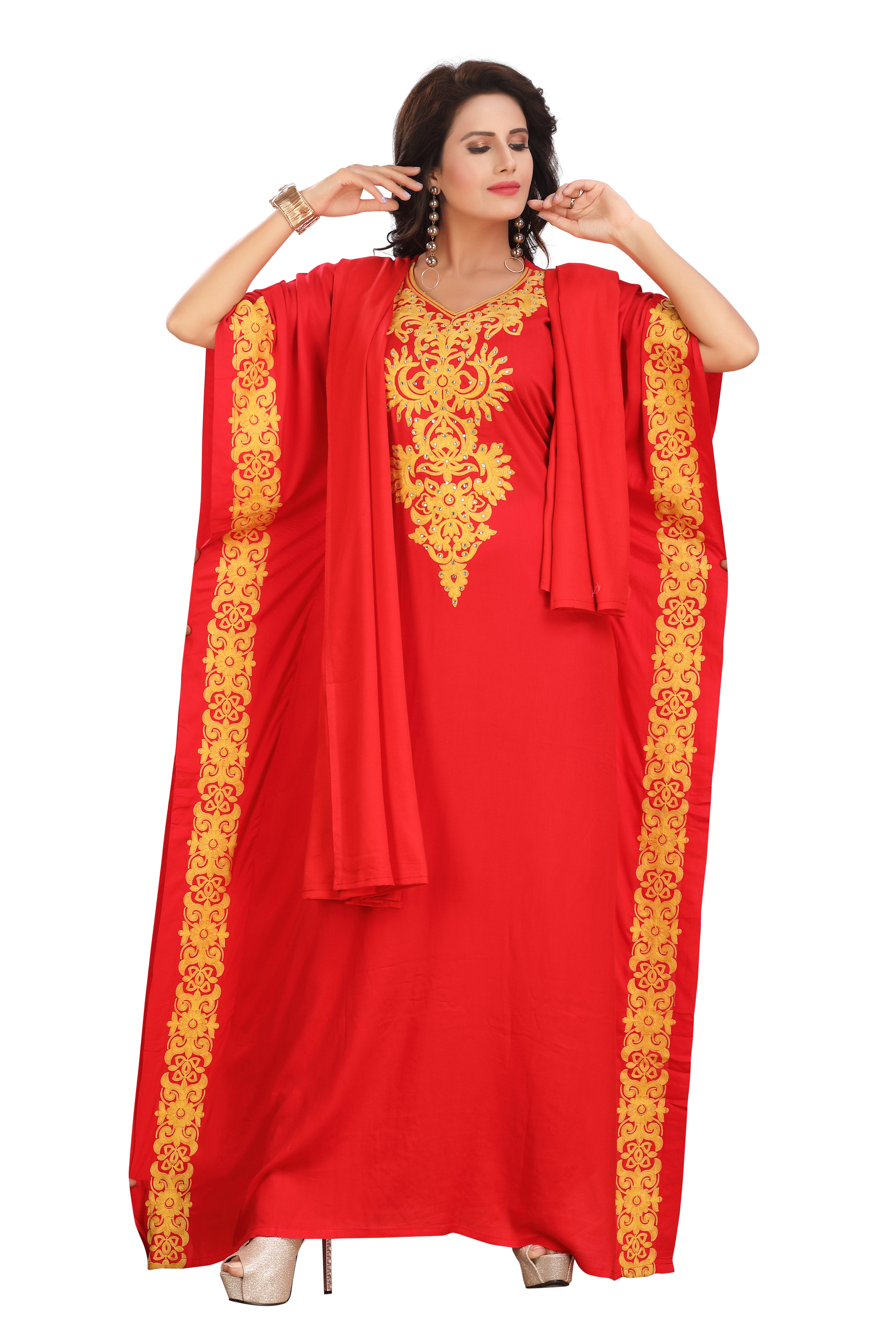 Red Embroidered Farasha Rayon Kaftan - Bold & Beautiful DN-1150