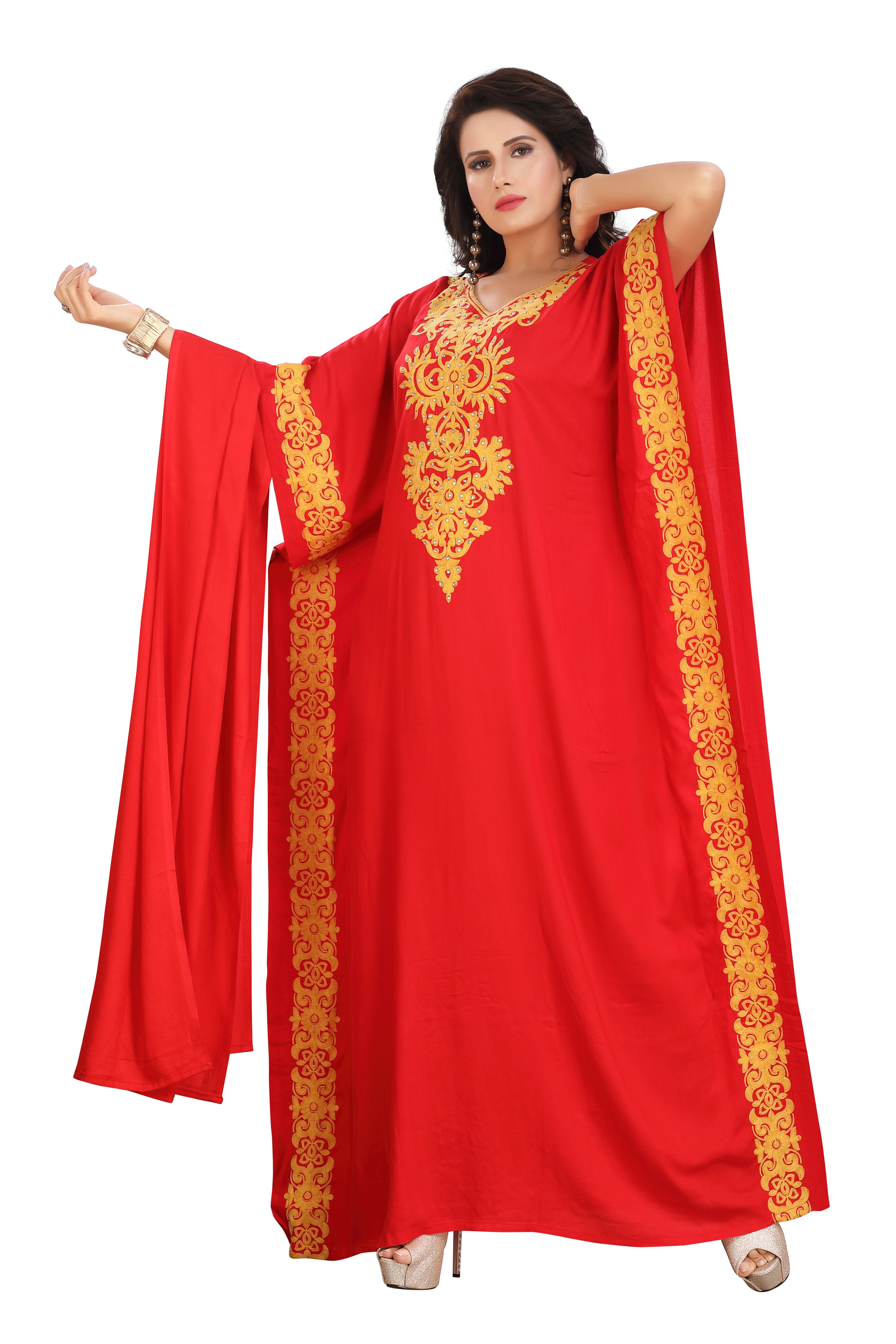 Red Embroidered Farasha Rayon Kaftan - Bold & Beautiful DN-1150