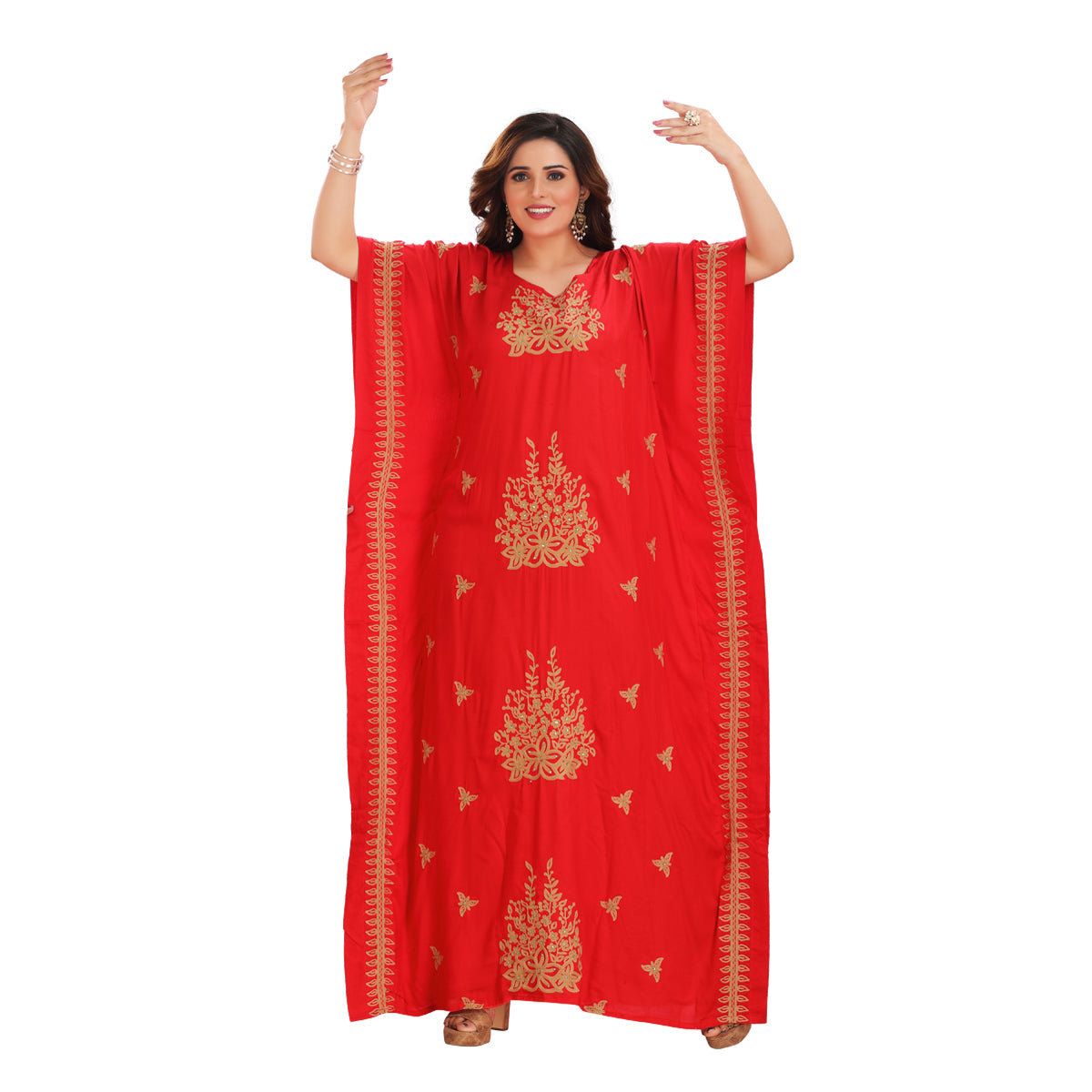 Red Embroidered Rayon Farasha Kaftan - Elegant & Traditional DN-1154