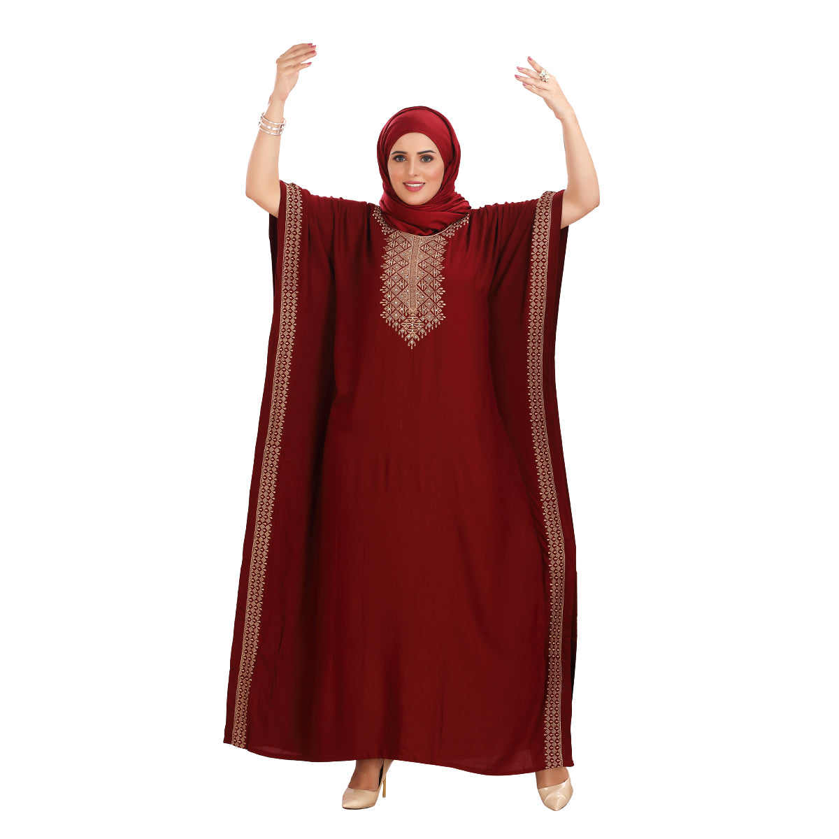 Maroon Embroidered Farasha Kaftan - Elegant & Sophisticated DN-1156