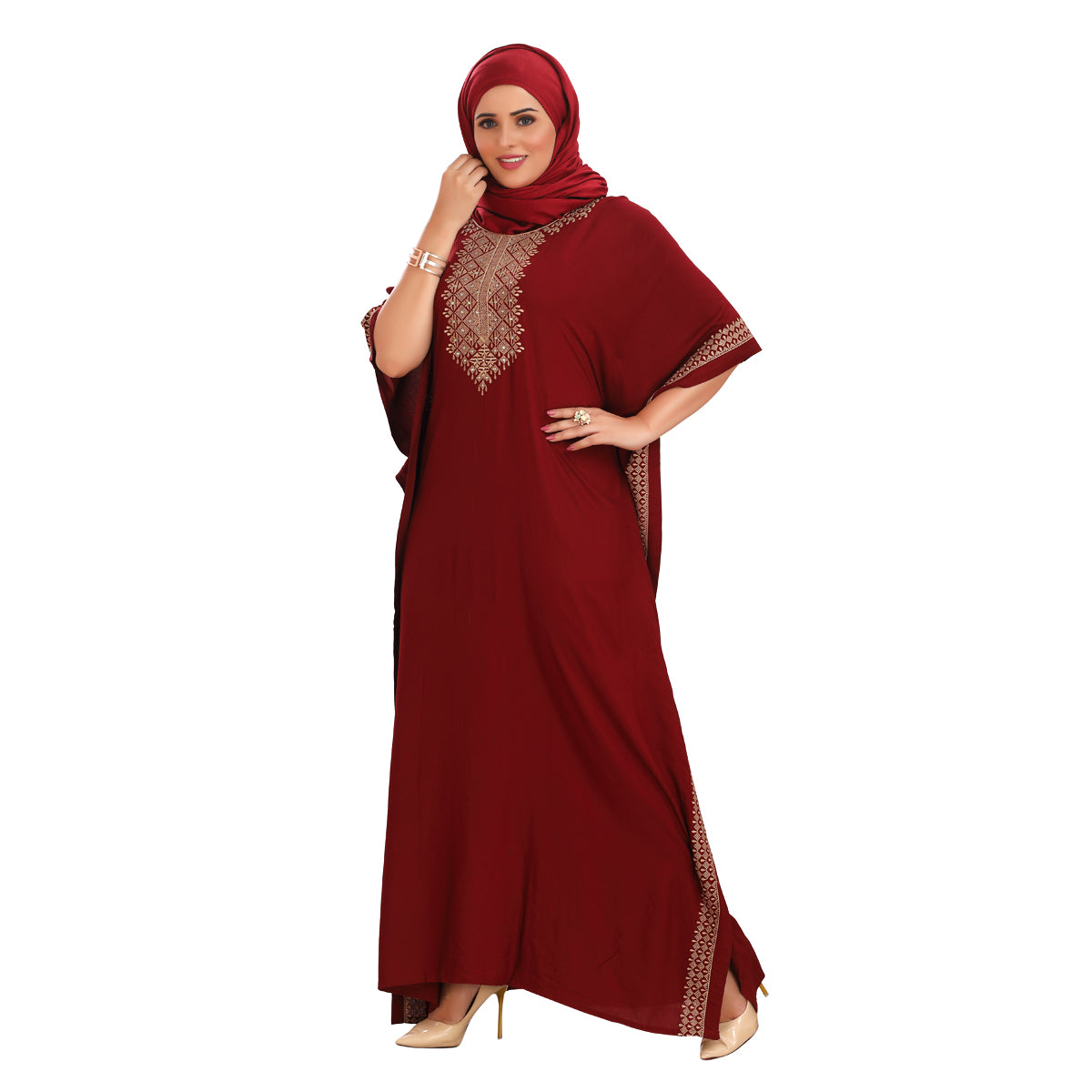 Maroon Embroidered Farasha Kaftan - Elegant & Sophisticated DN-1156