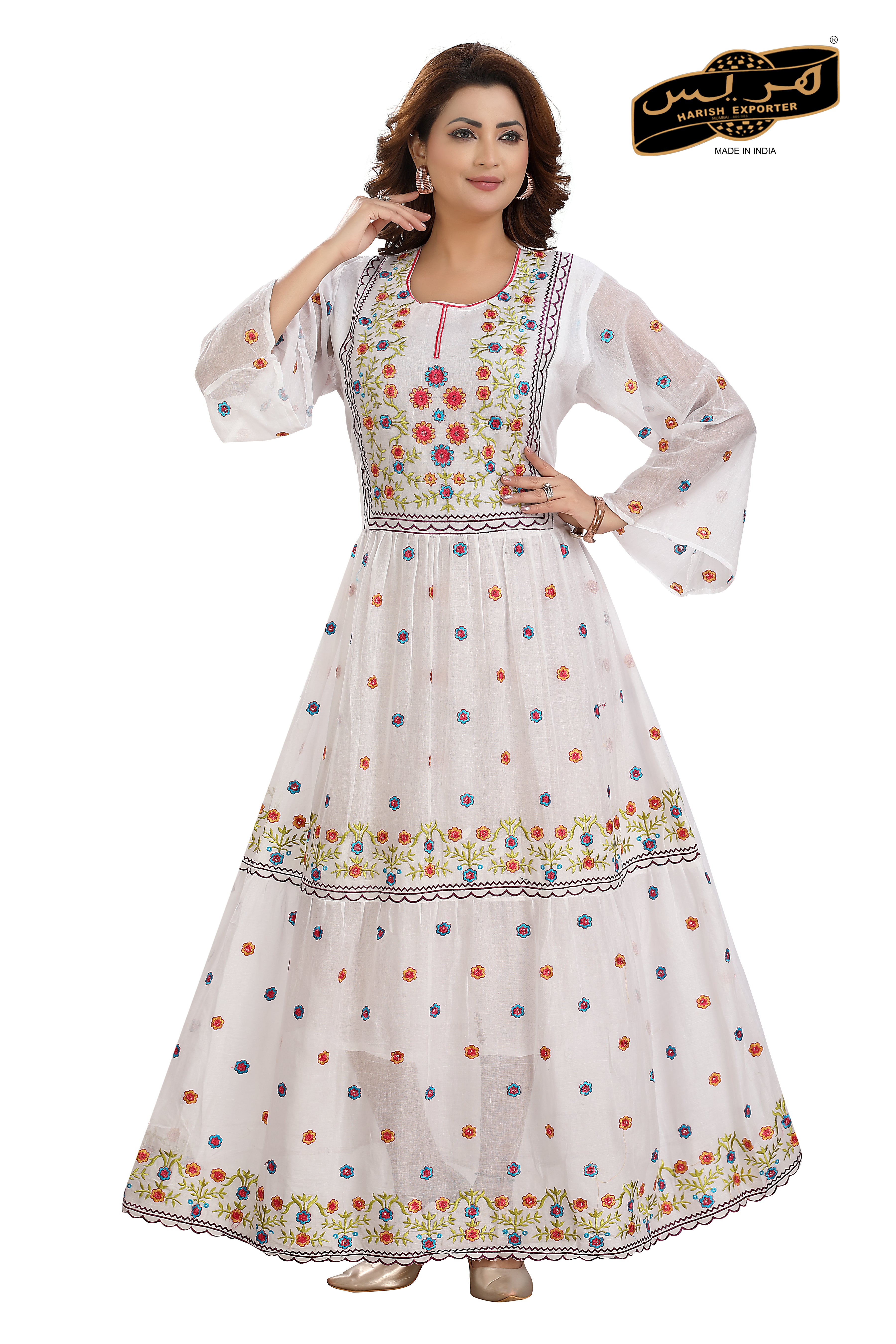White Cotton Printed Umbrella Maxi  Dress - Elegant & Comfortable EPF maxi 10042