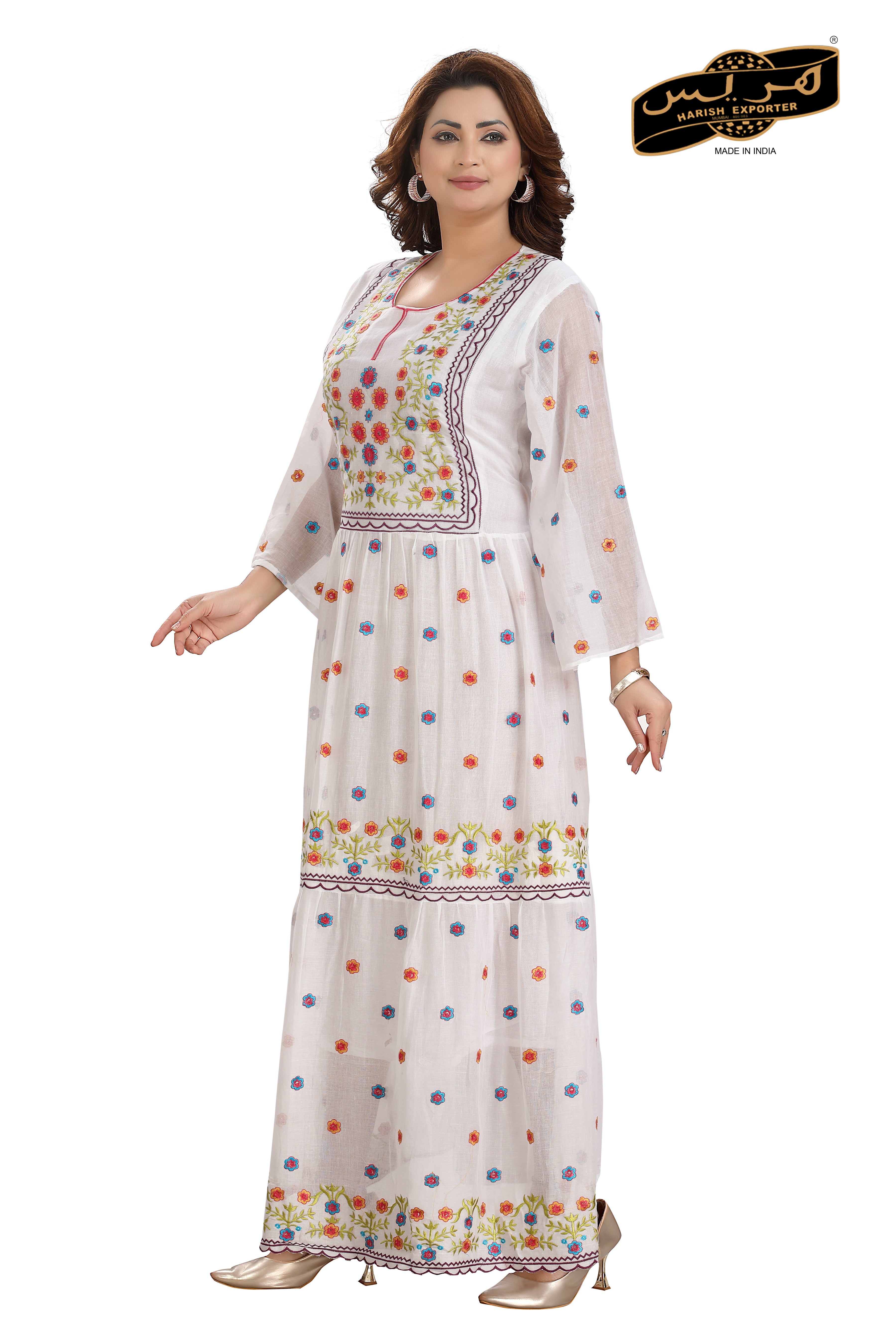 White Cotton Printed Umbrella Maxi  Dress - Elegant & Comfortable EPF maxi 10042