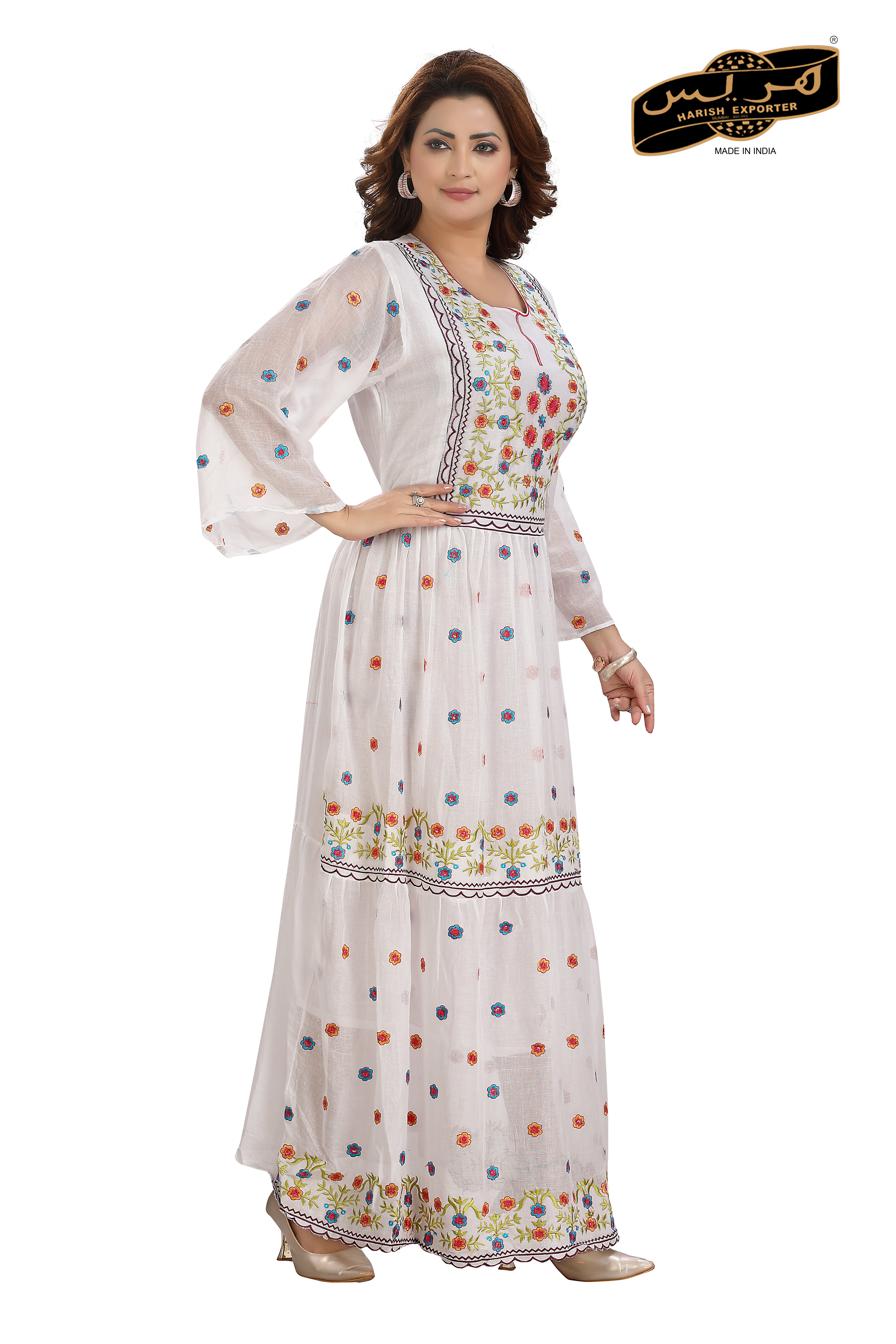 White Cotton Printed Umbrella Maxi  Dress - Elegant & Comfortable EPF maxi 10042