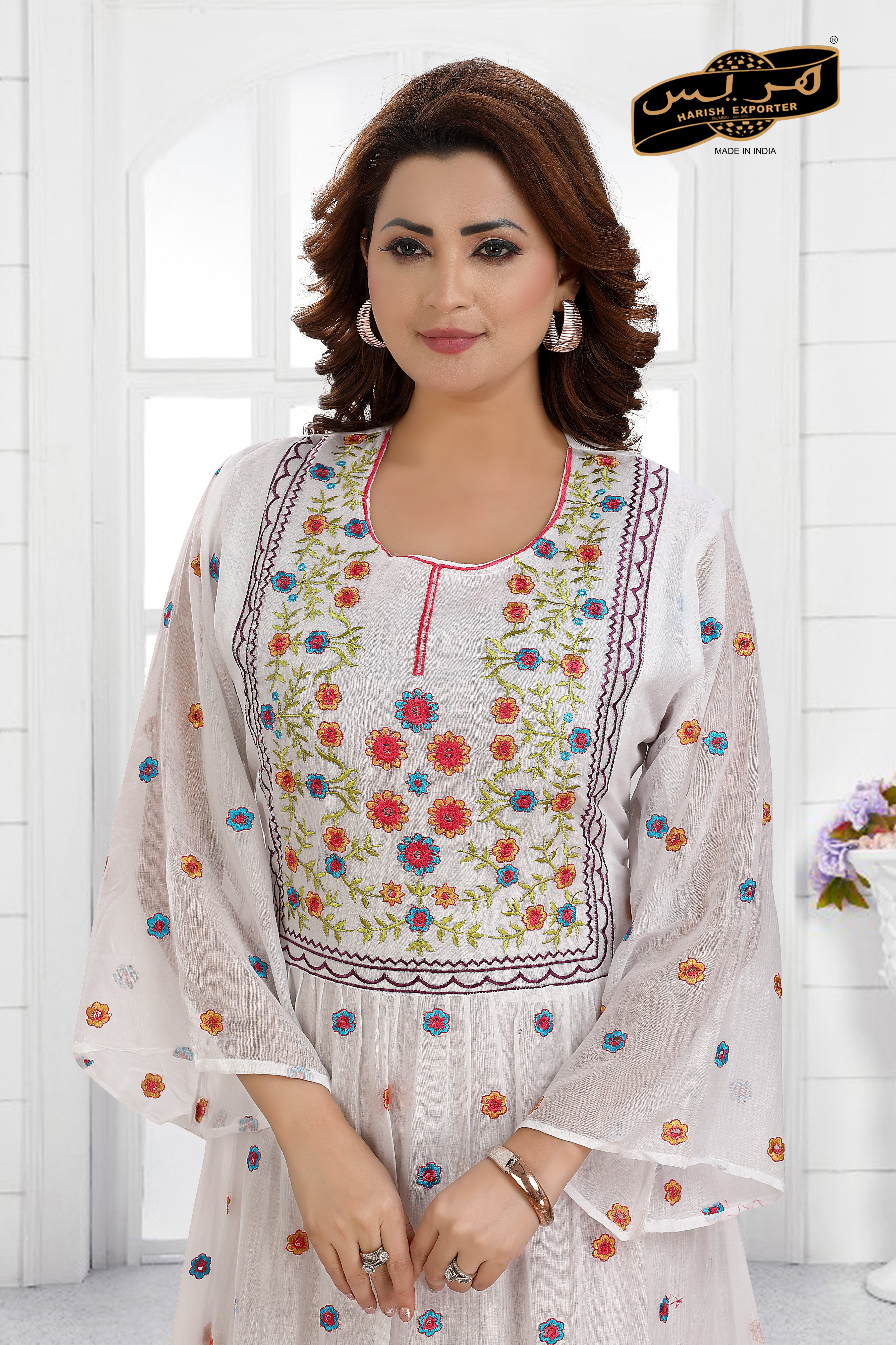 White Cotton Printed Umbrella Maxi  Dress - Elegant & Comfortable EPF maxi 10042