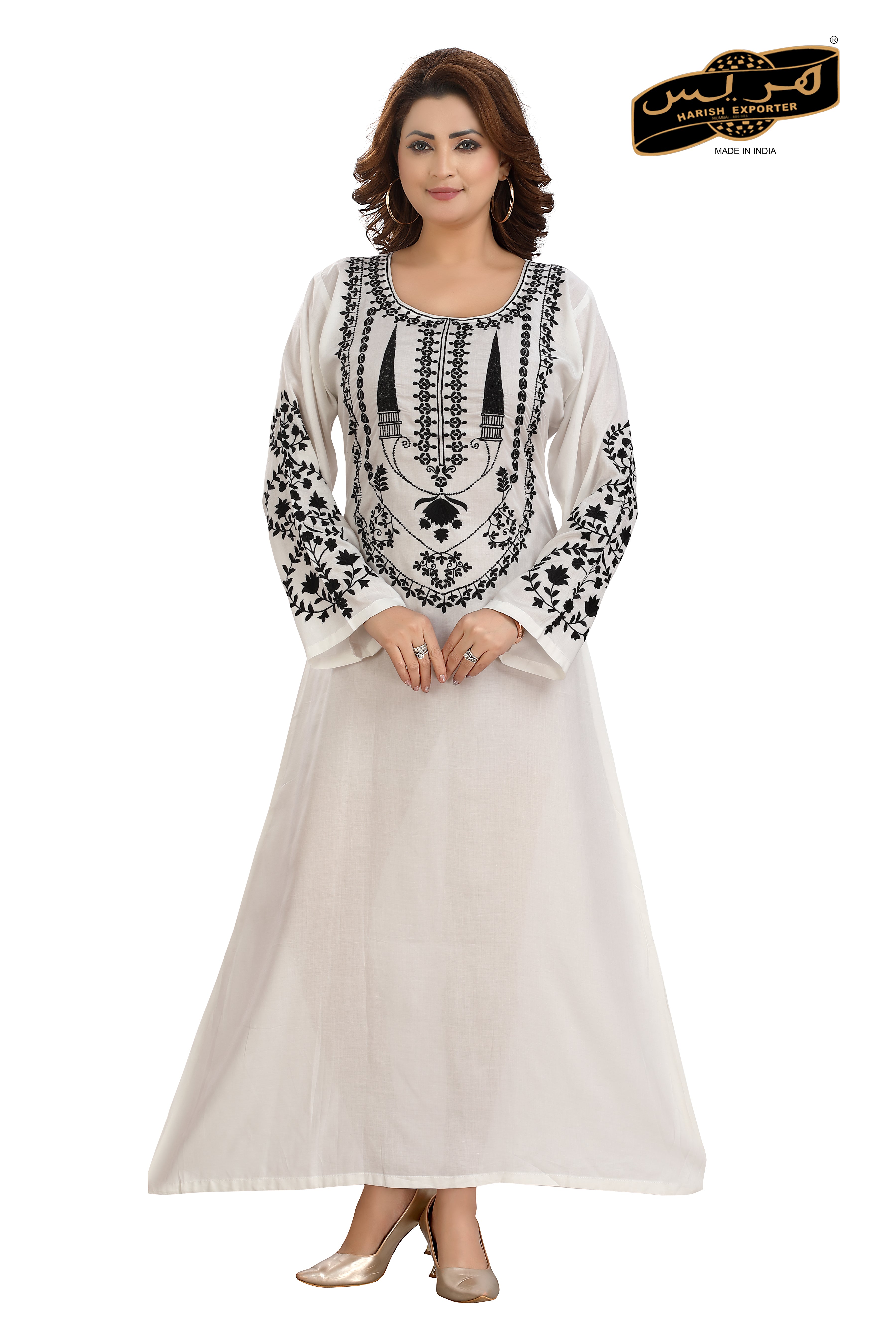 White Cotton Embroidered Nightgown - Elegant & Comfortable FS-269