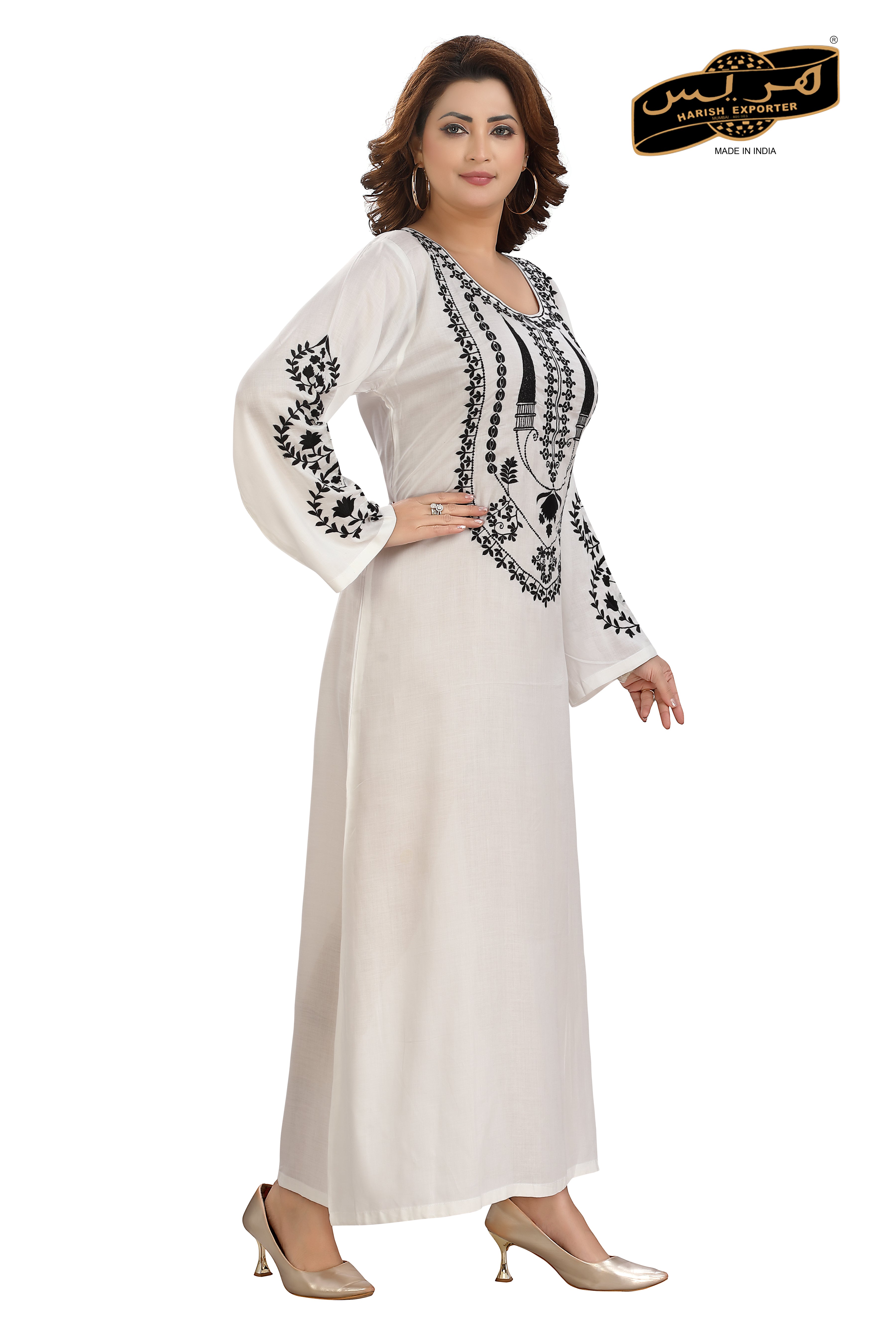 White Cotton Embroidered Nightgown - Elegant & Comfortable FS-269
