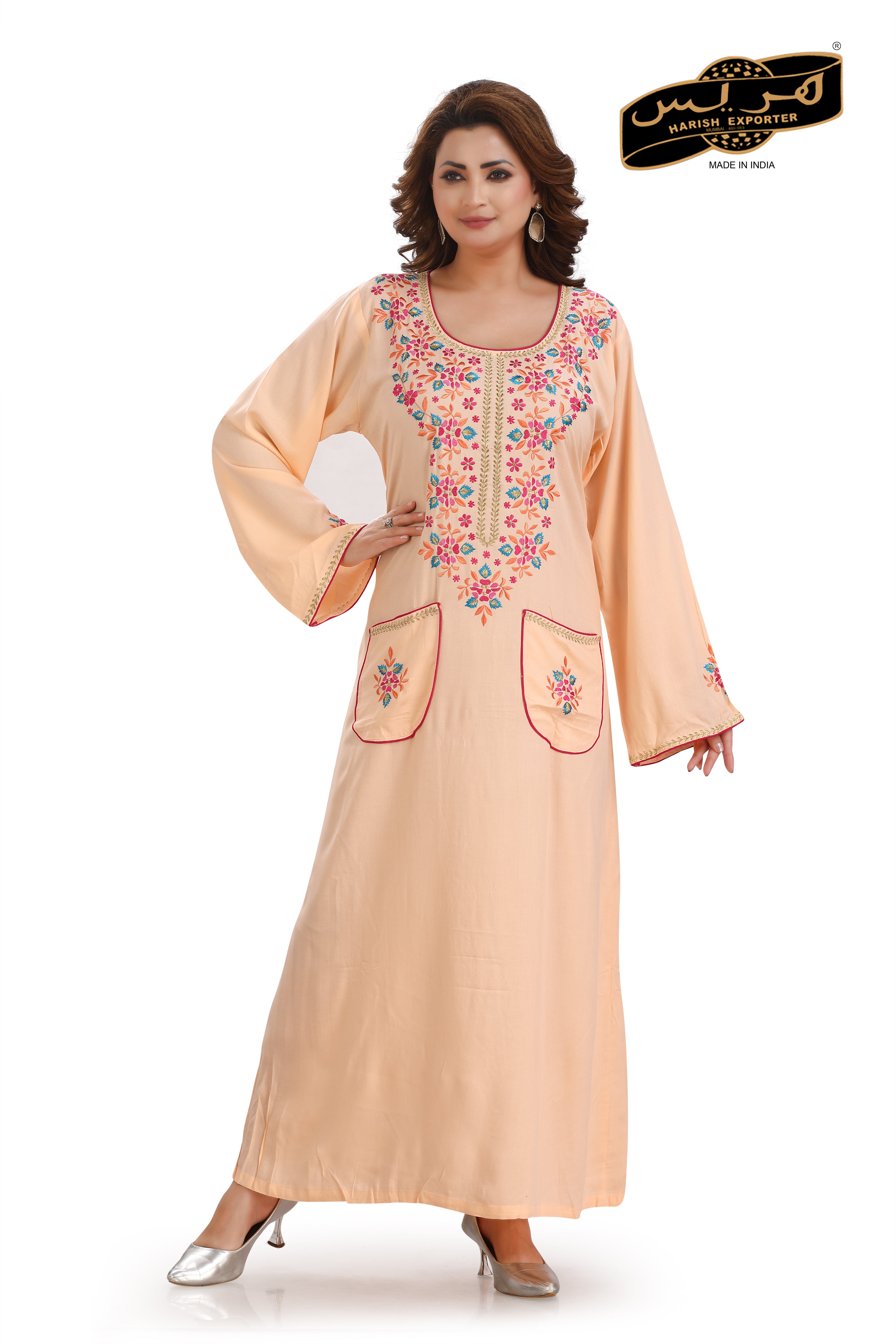 Peach Rayon Embroidered Nightgown - Soft & Elegant