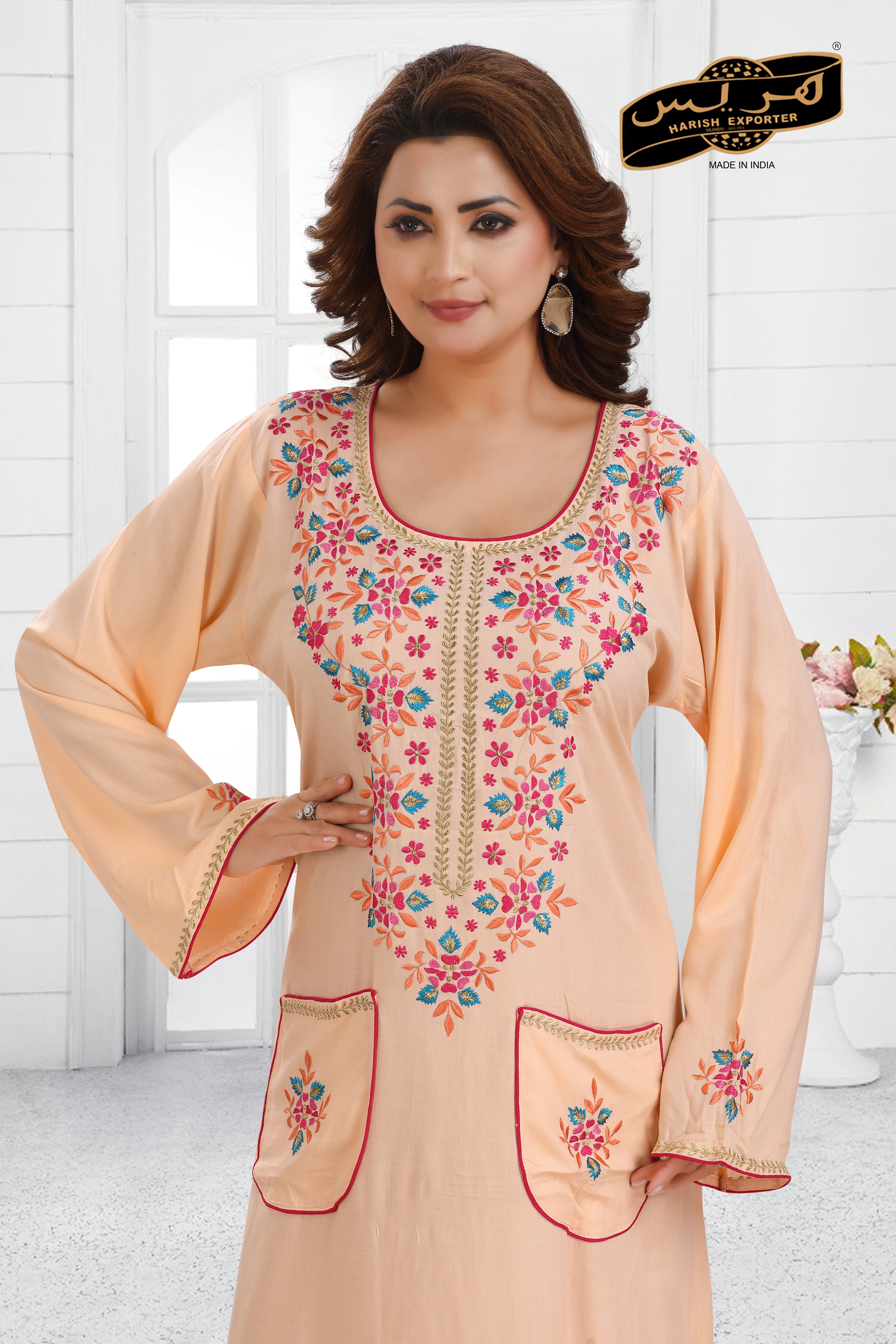 Peach Rayon Embroidered Nightgown - Soft & Elegant