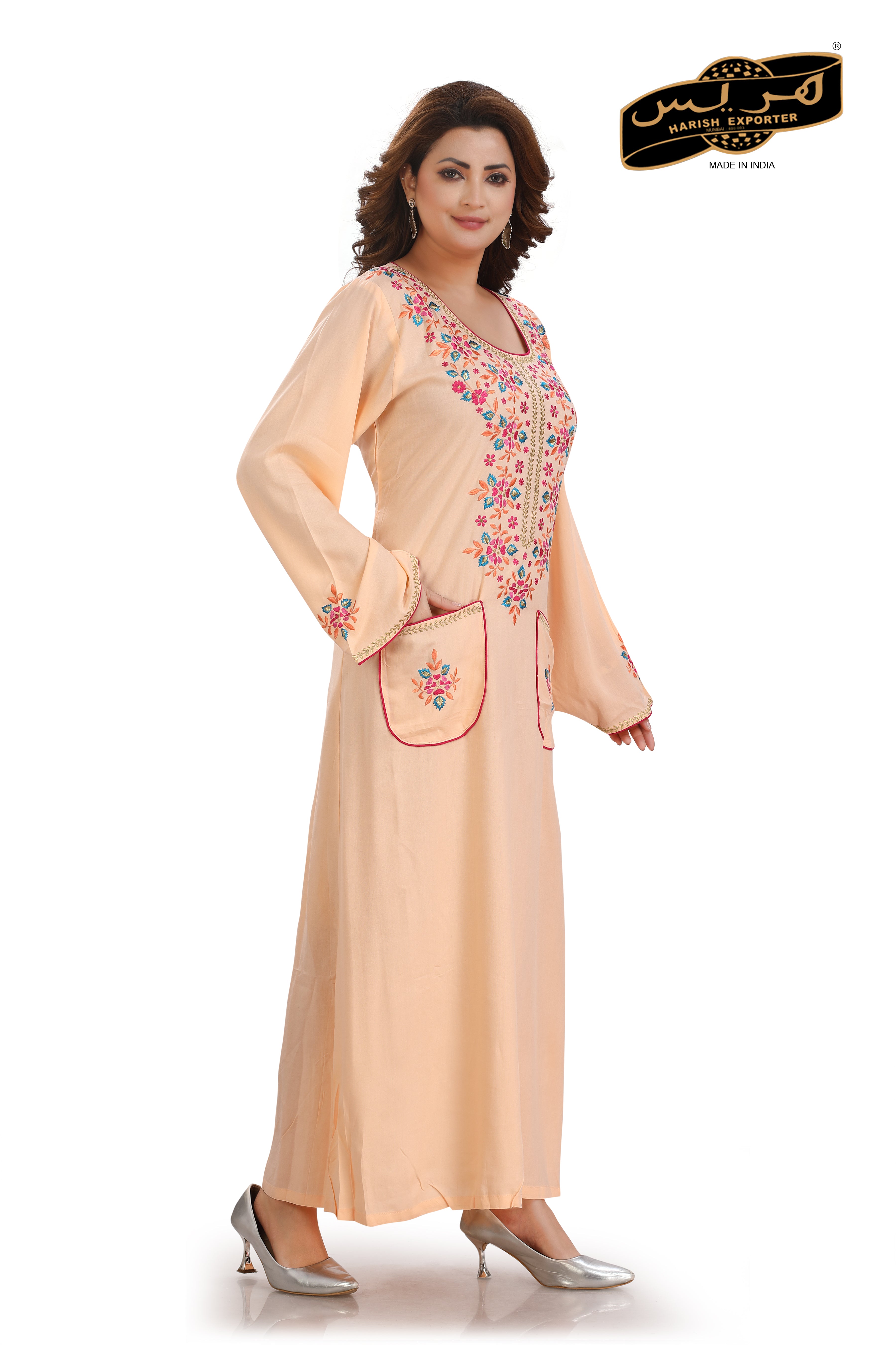 Peach Rayon Embroidered Nightgown - Soft & Elegant