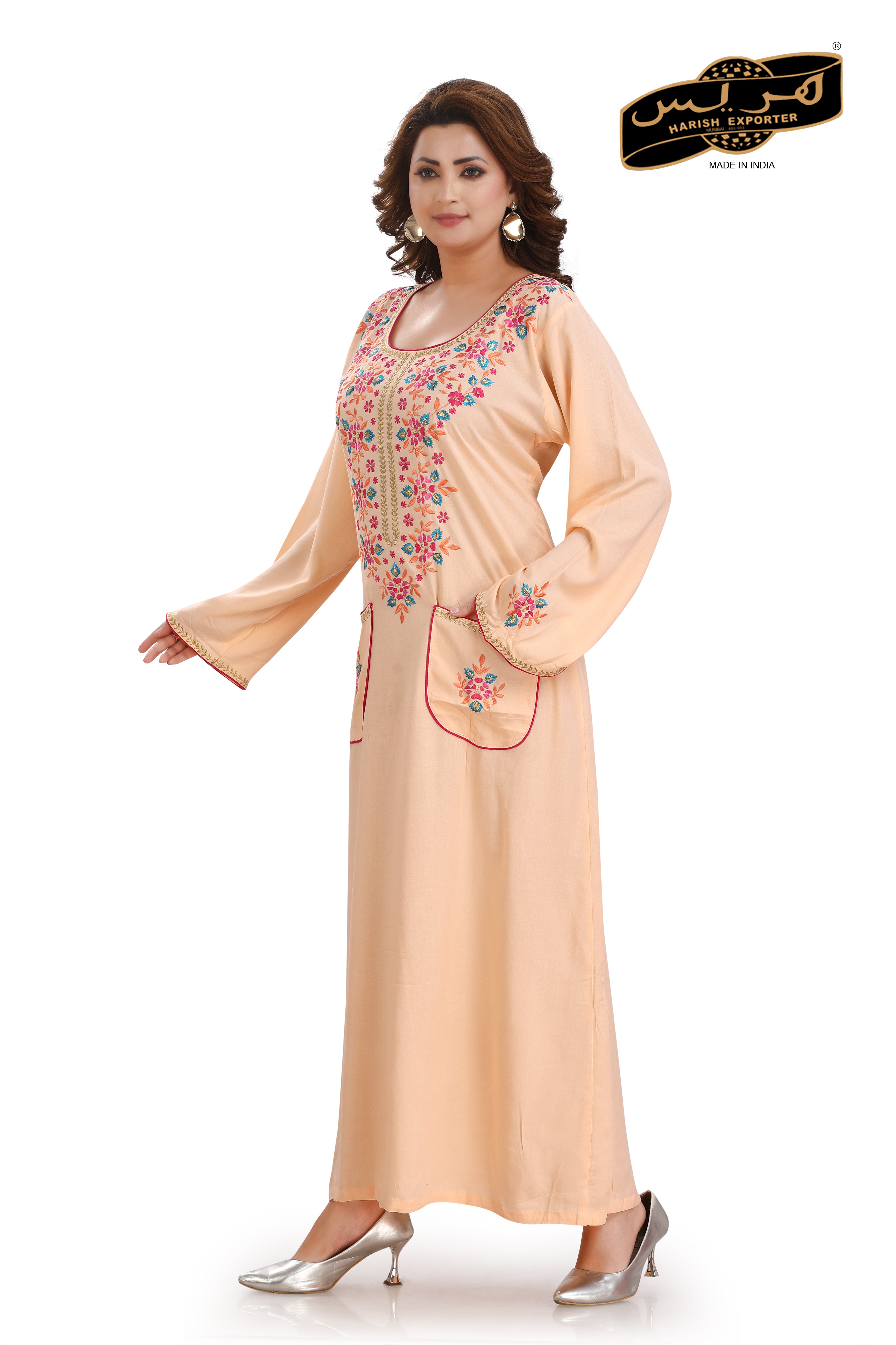 Peach Rayon Embroidered Nightgown - Soft & Elegant