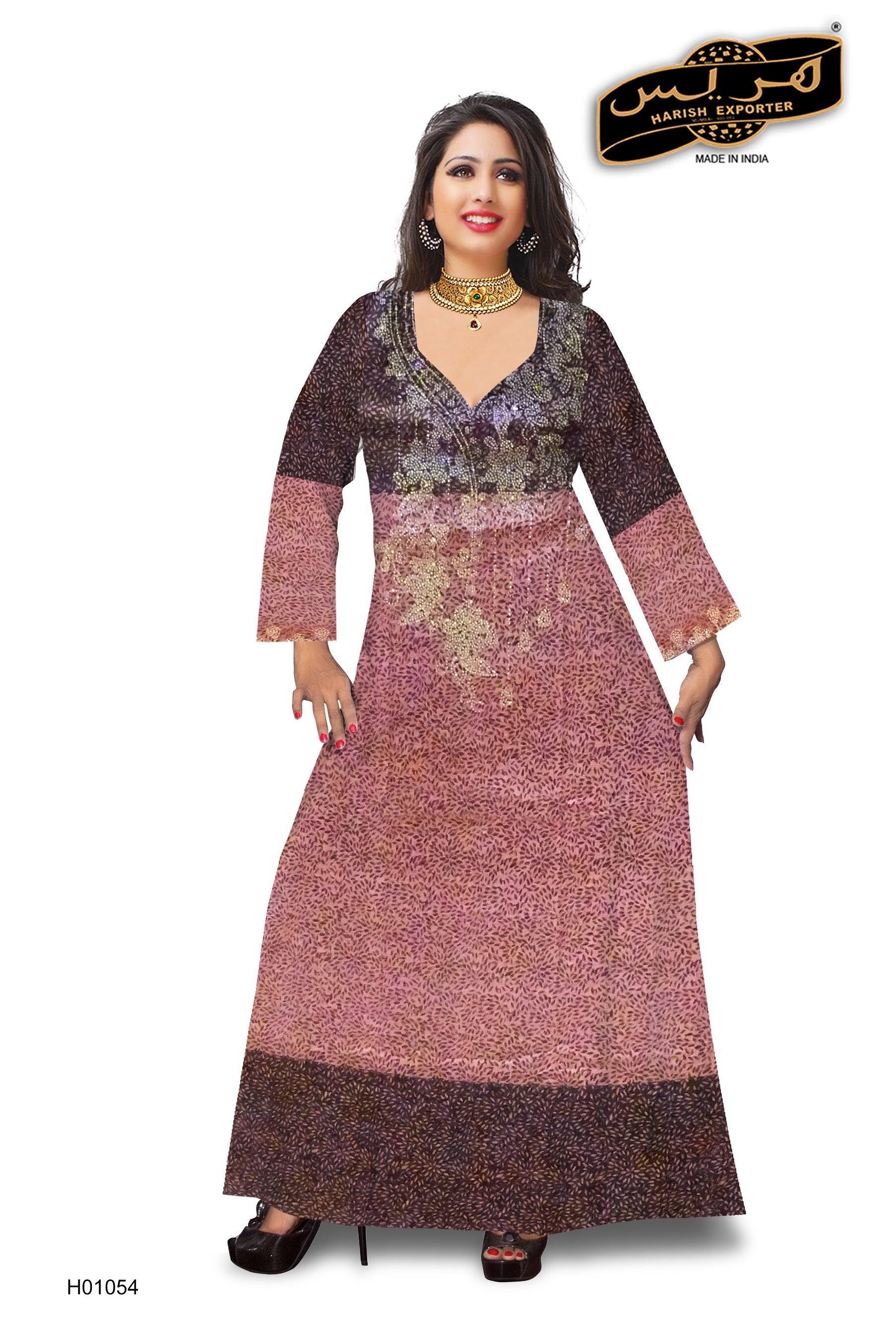 Pink Maroon Mix Color Embroidered Stone Kaftan H01054