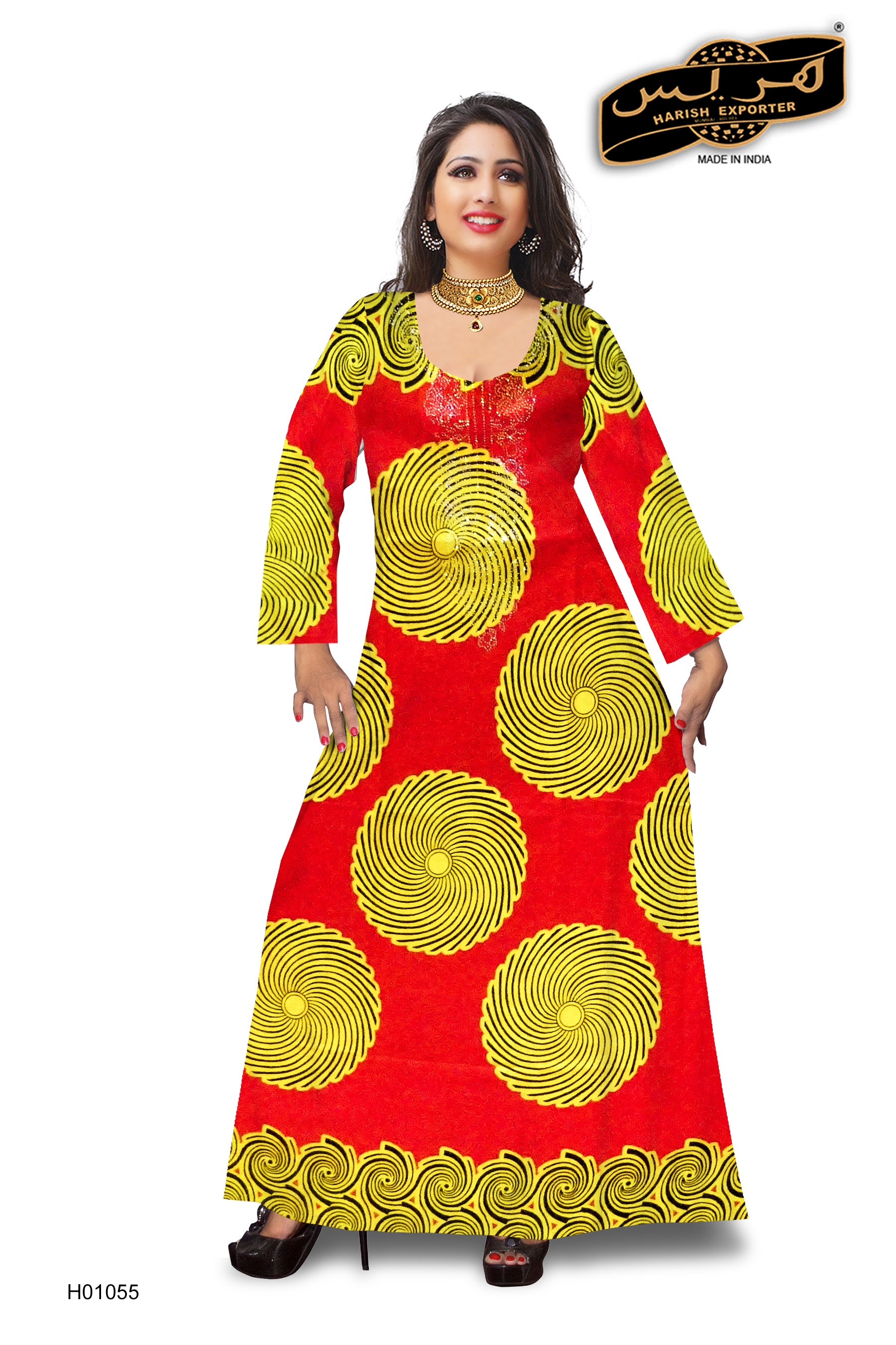 Red Yellow Mix Pattern Cotton Kaftan (Stone) H01055