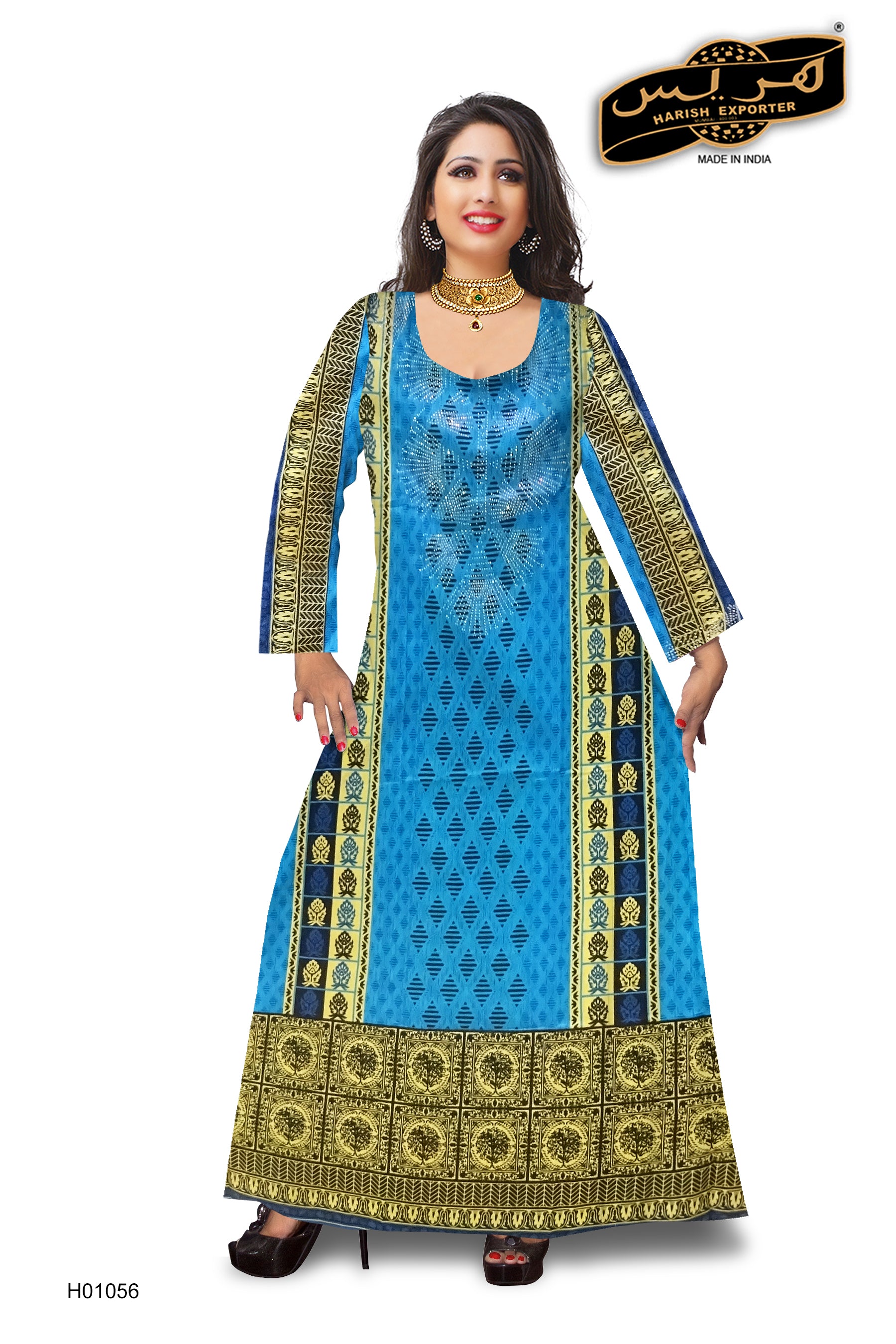 Blue and Golden Cotton (Stone) Mix Pattern Kaftan H01056