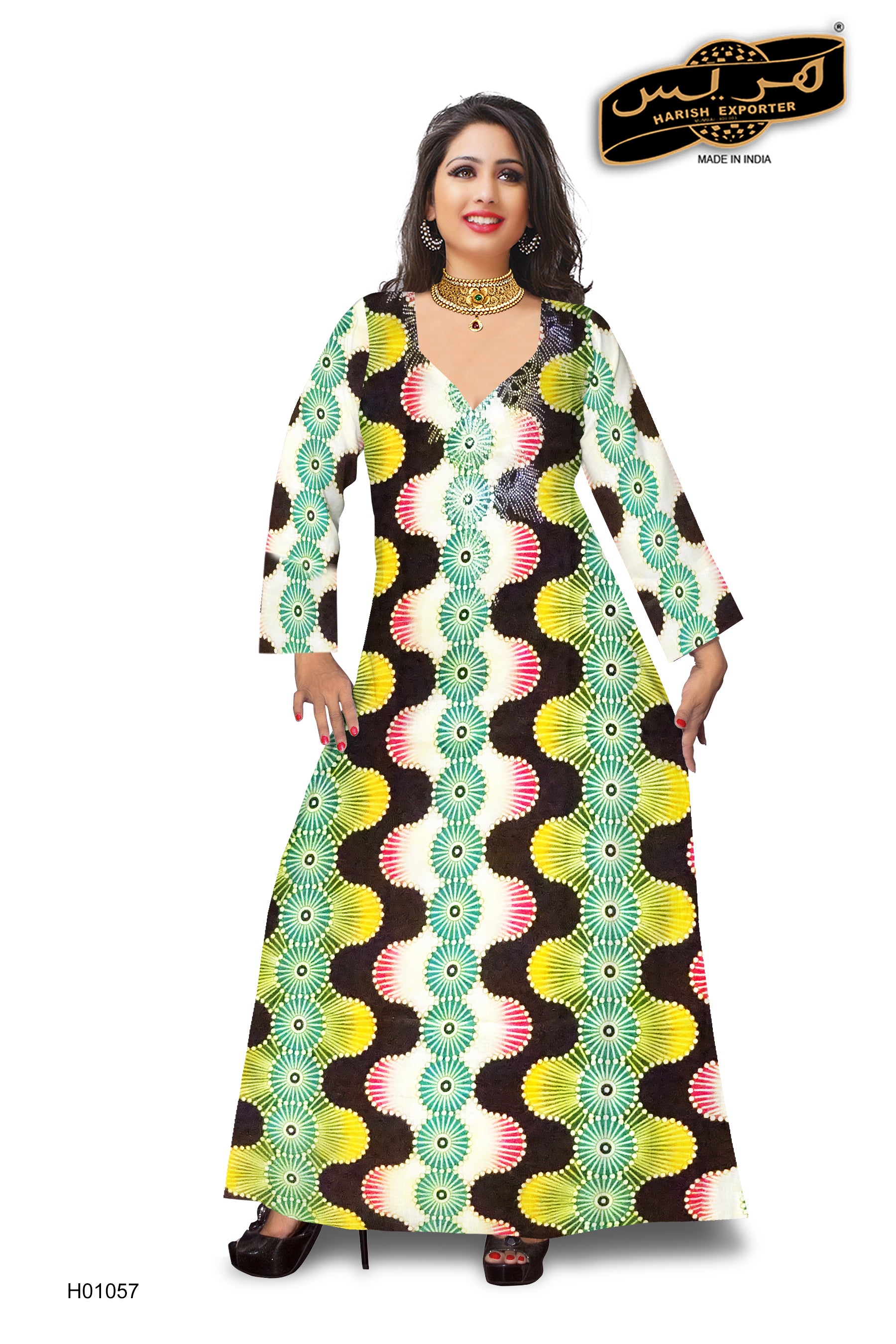 Yellow White Green Mix Pattern Cotton Kaftan H01057 (Stone)