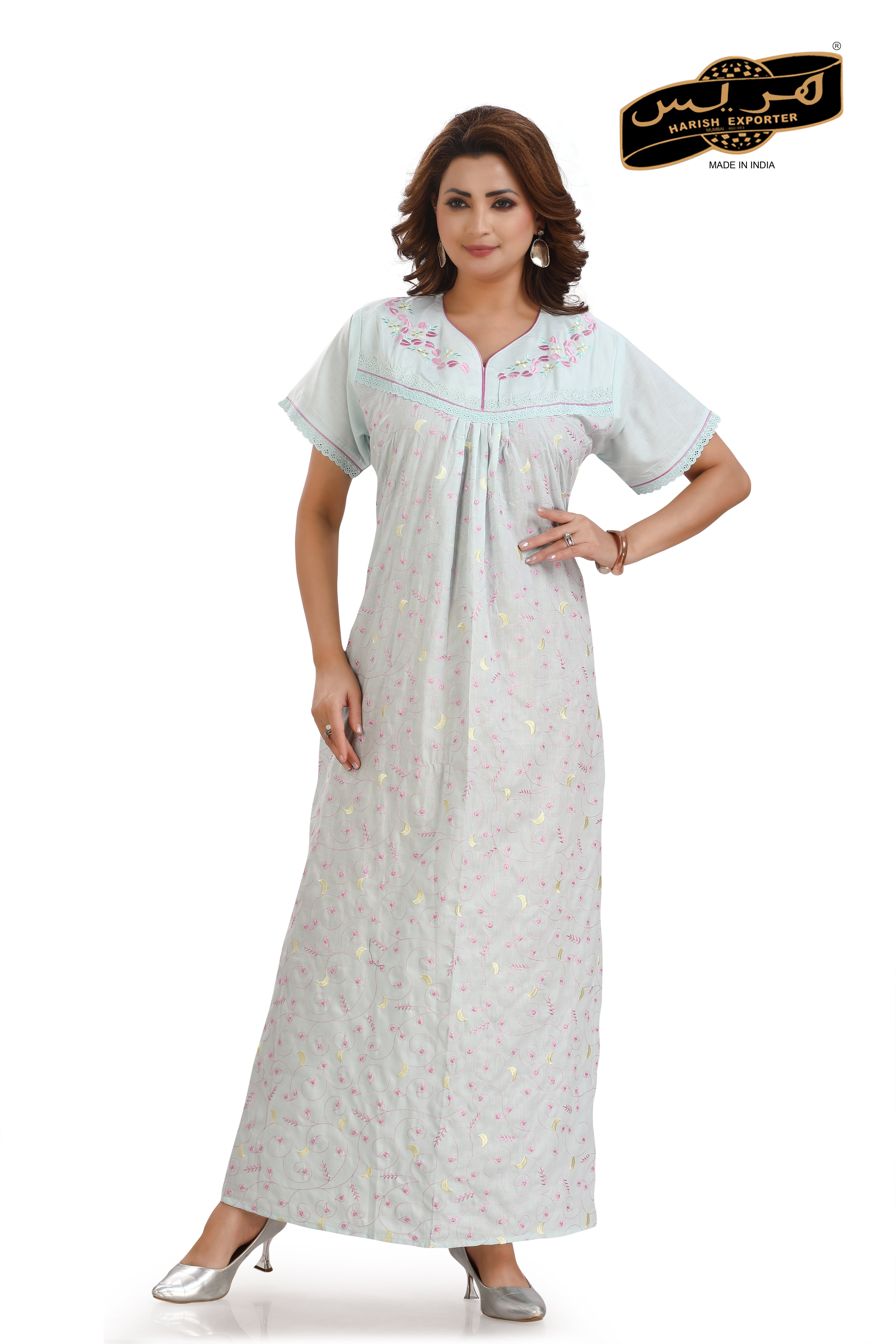 Sea Green Cotton Half Sleeve Nightgown - Comfortable & Elegant HSG-855-01