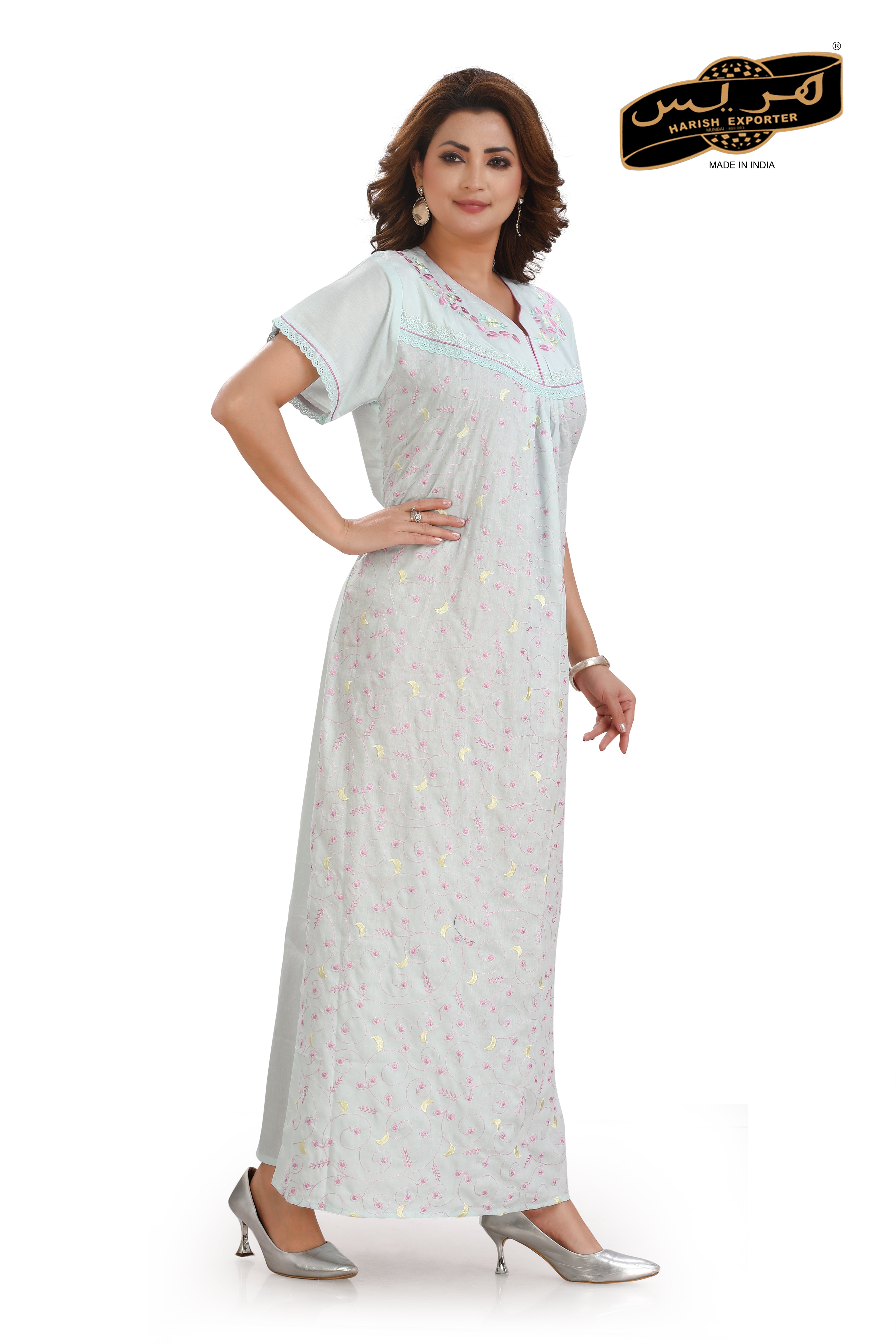 Sea Green Cotton Half Sleeve Nightgown - Comfortable & Elegant HSG-855-01