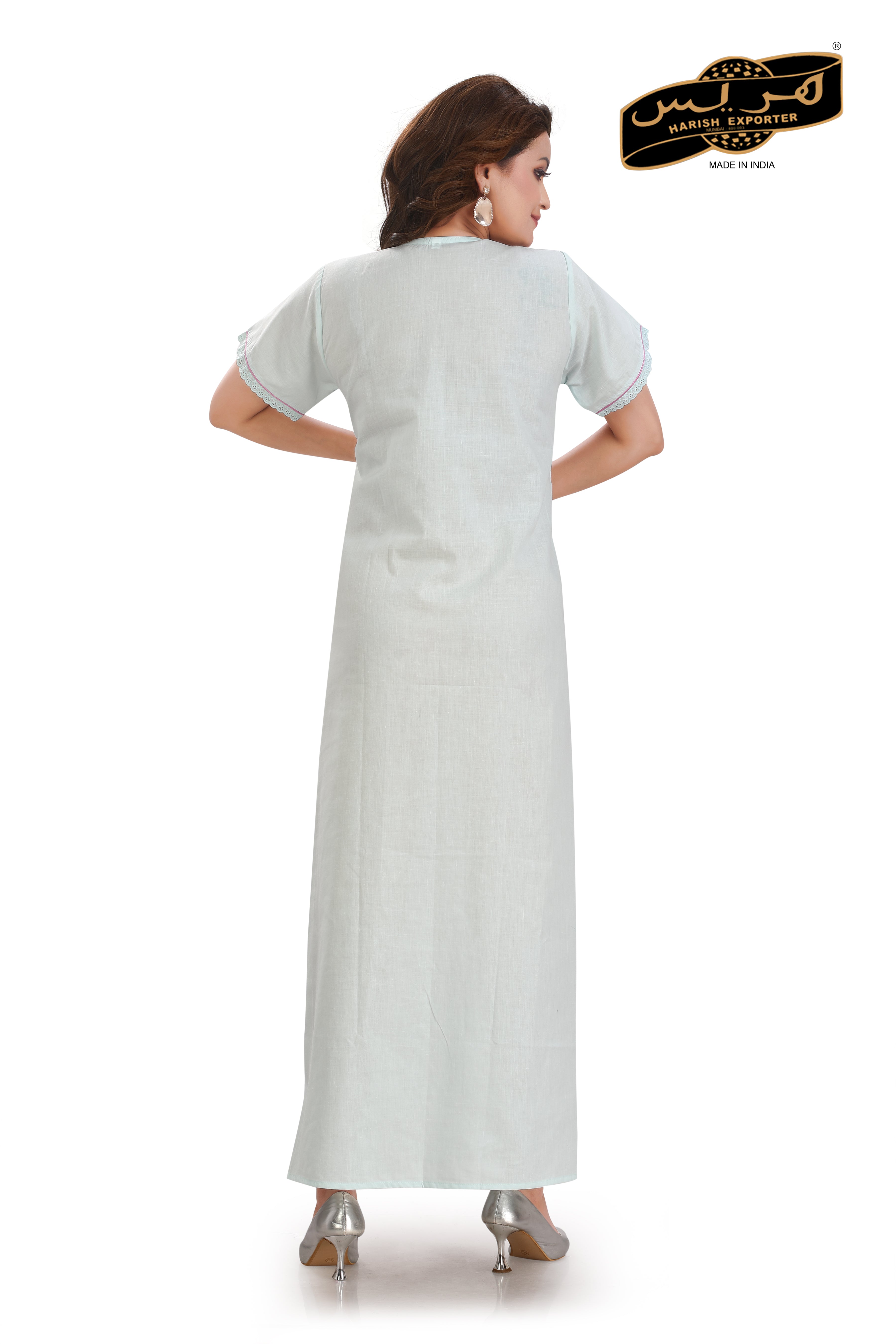 Sea Green Cotton Half Sleeve Nightgown - Comfortable & Elegant HSG-855-01